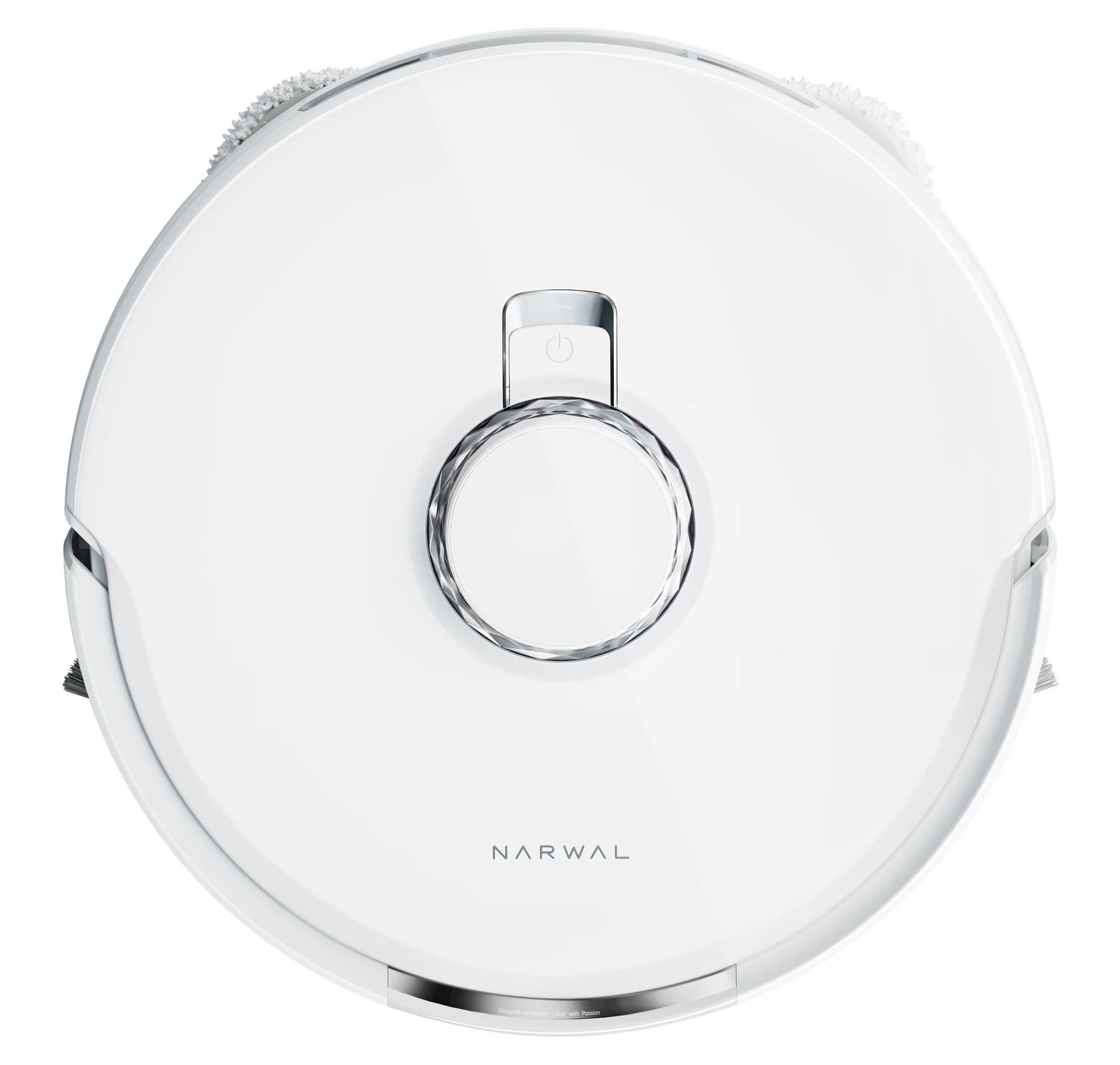 Biały, okrągły odkurzacz automatyczny Narwal. Ma przycisk zasilania, srebrne wykończenie i dwie nakładki czyszczące.
