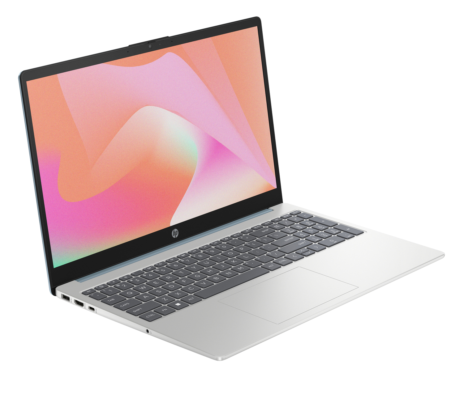 Un portátil HP plateado está abierto. La pantalla muestra un diseño abstracto rosa y naranja. El teclado es visible, con teclas y un panel táctil.