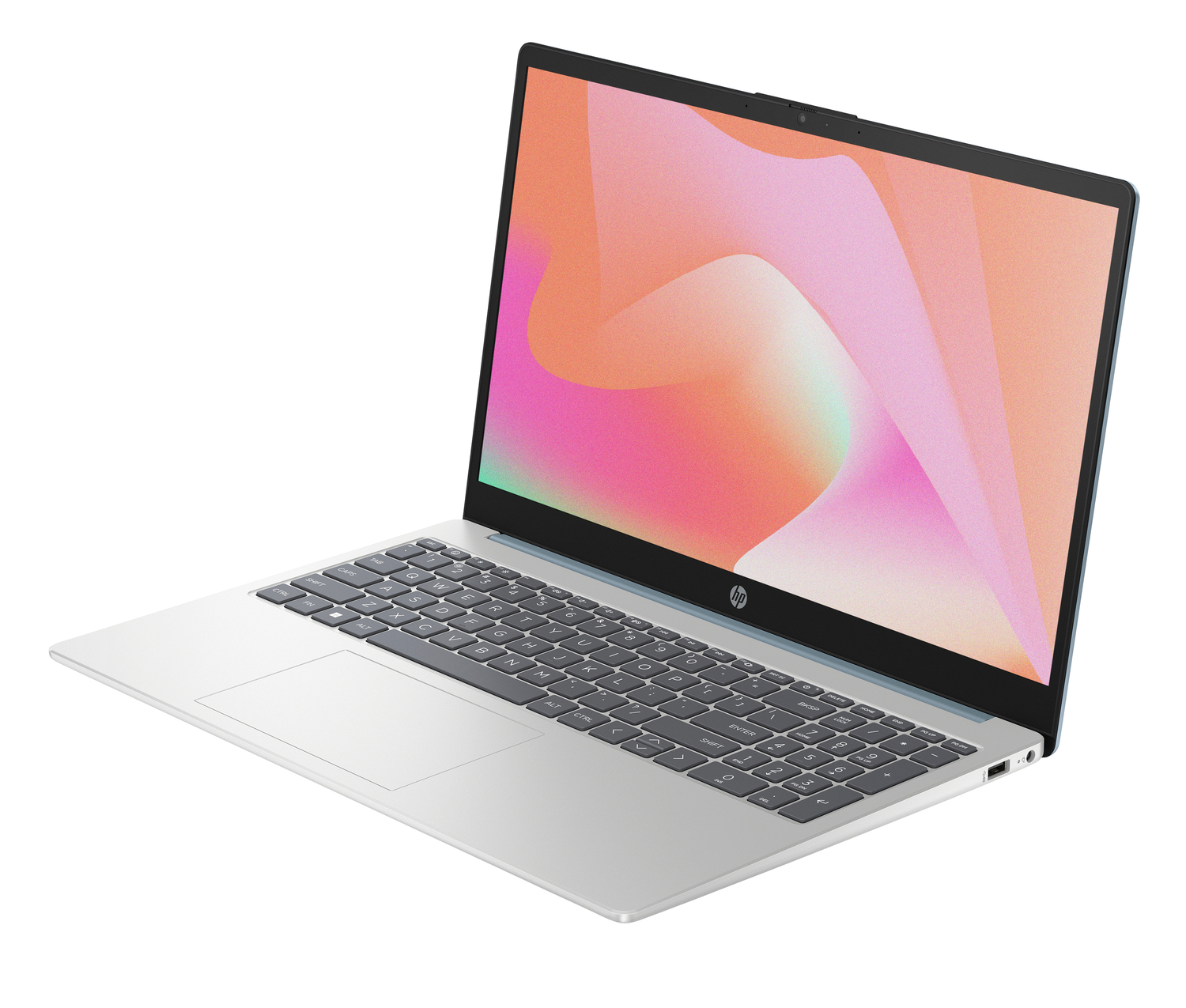Un portátil HP plateado se muestra en ángulo. La pantalla muestra un diseño abstracto colorido. El teclado y el panel táctil son visibles.