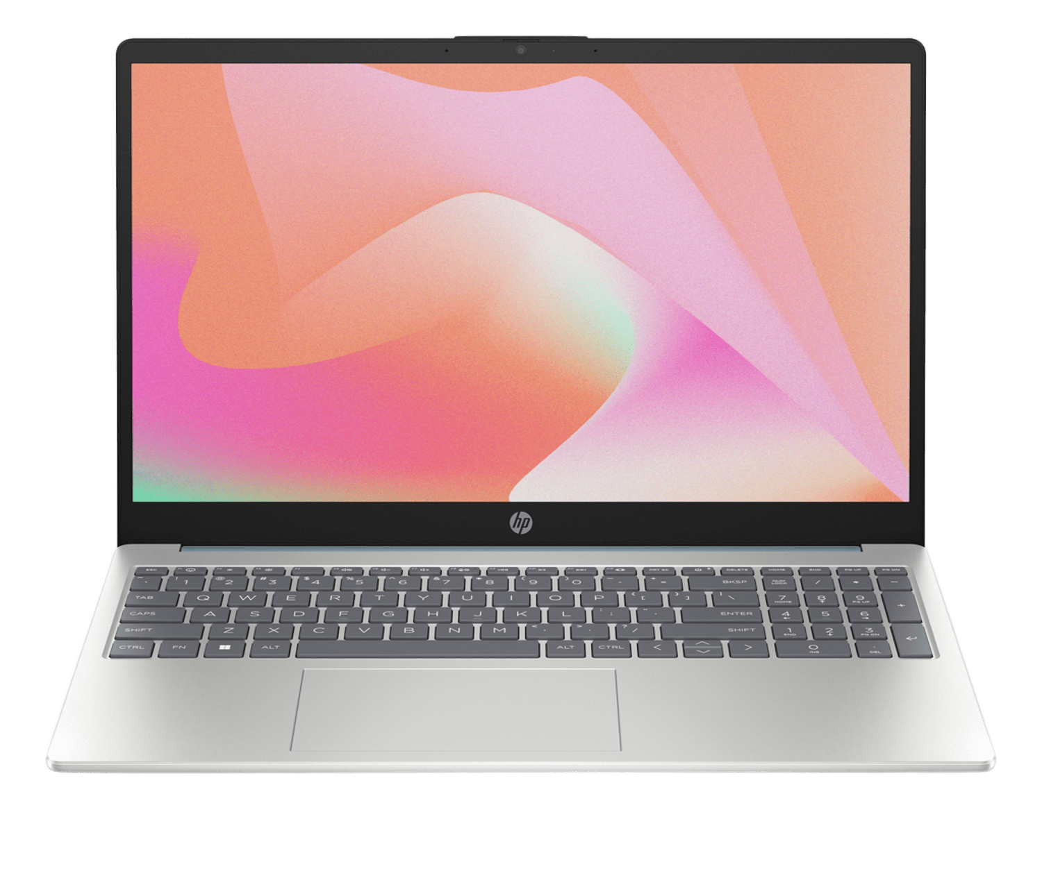 Un portátil HP plateado está abierto, mostrando un diseño abstracto colorido en la pantalla. El teclado es visible, con teclas etiquetadas.