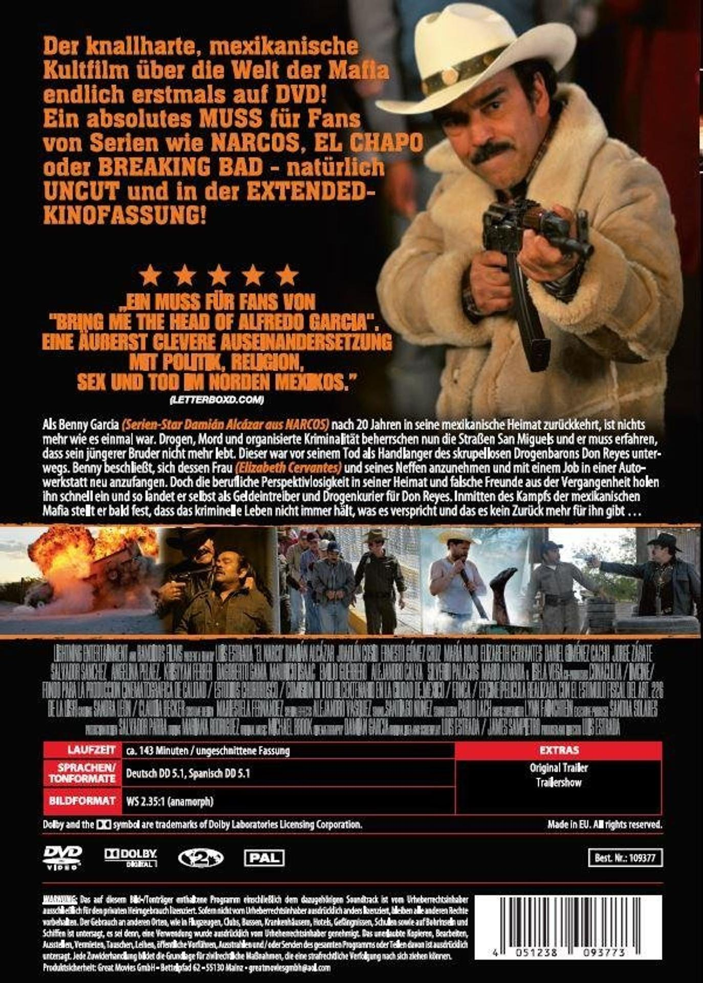 DVD-Cover mit einem Mann, der eine Waffe hält. Der Hintergrund hat Text auf Deutsch und andere Bilder.
