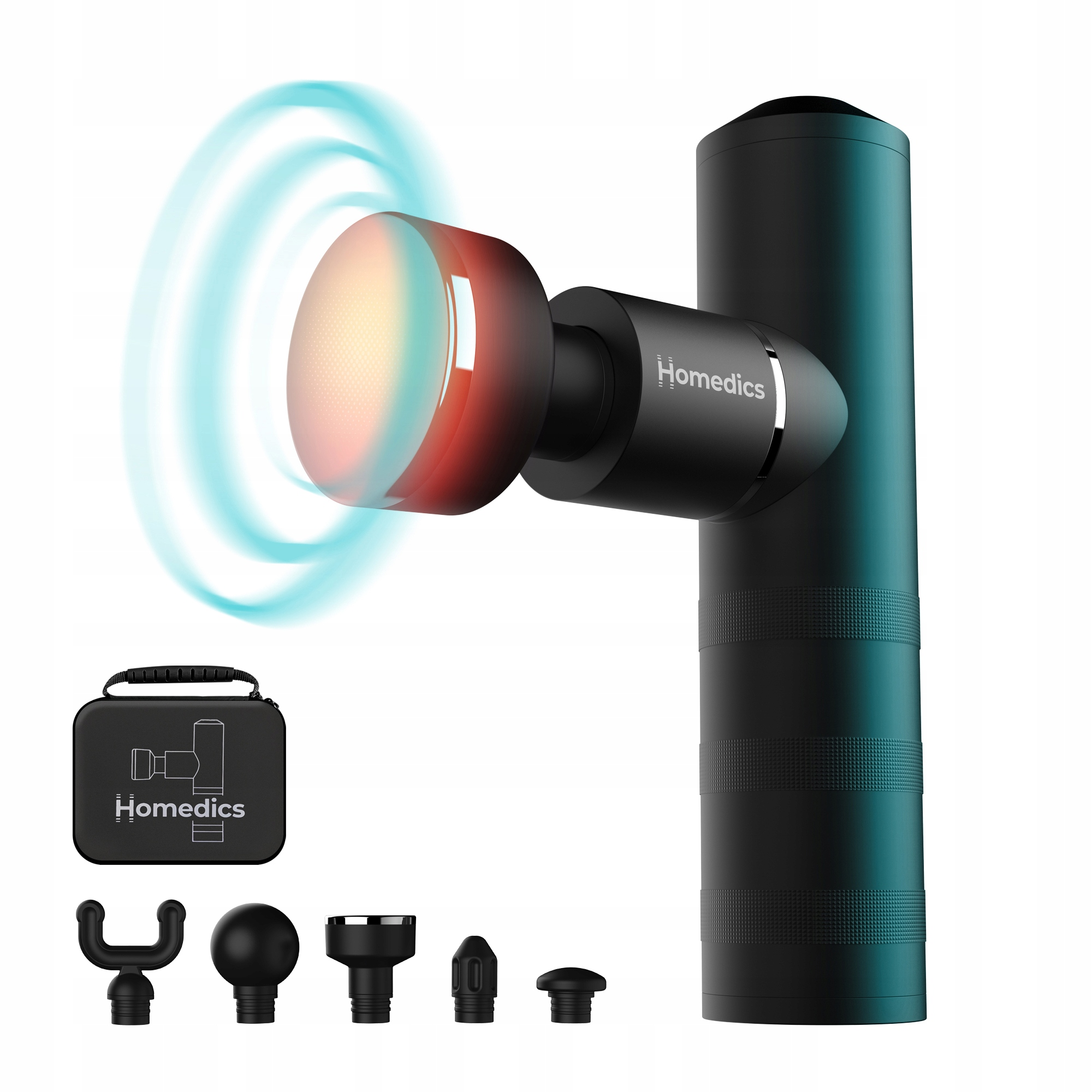 Czarny pistolet do masażu Homedics z nasadkami i futerałem. Okrągły efekt świetlny wokół głowicy do masażu.