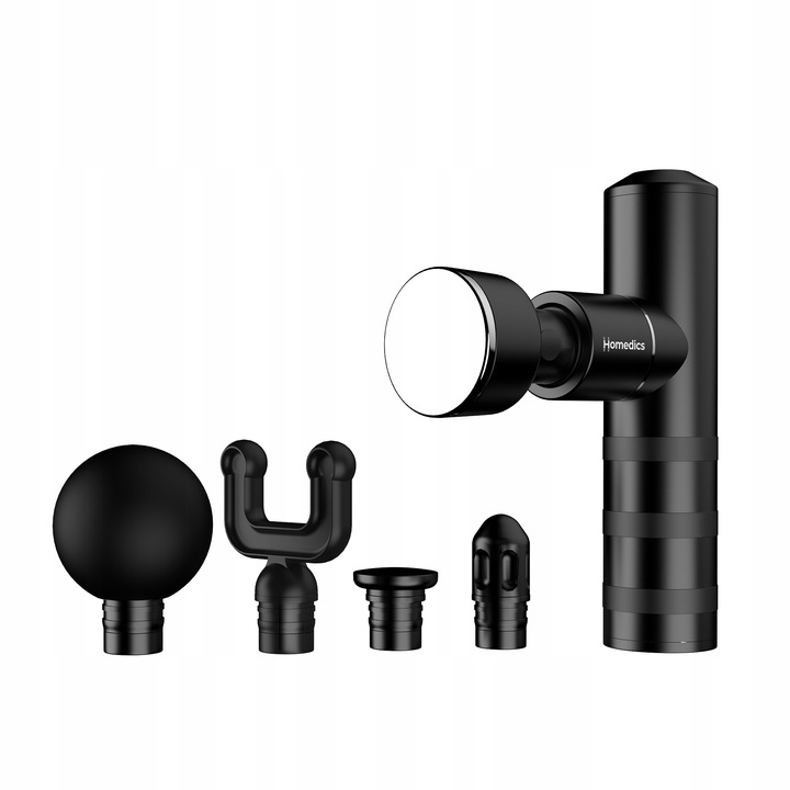 Czarny pistolet do masażu Homedics z kilkoma wymiennymi głowicami, w tym kulą, głowicą w kształcie litery U i płaską głowicą.