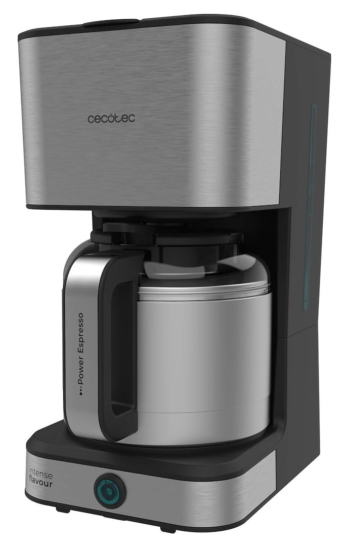 Srebrno-czarny ekspres do kawy Cecotec. Posiada dzbanek, wskaźnik poziomu wody i przycisk 'intense flavour'.