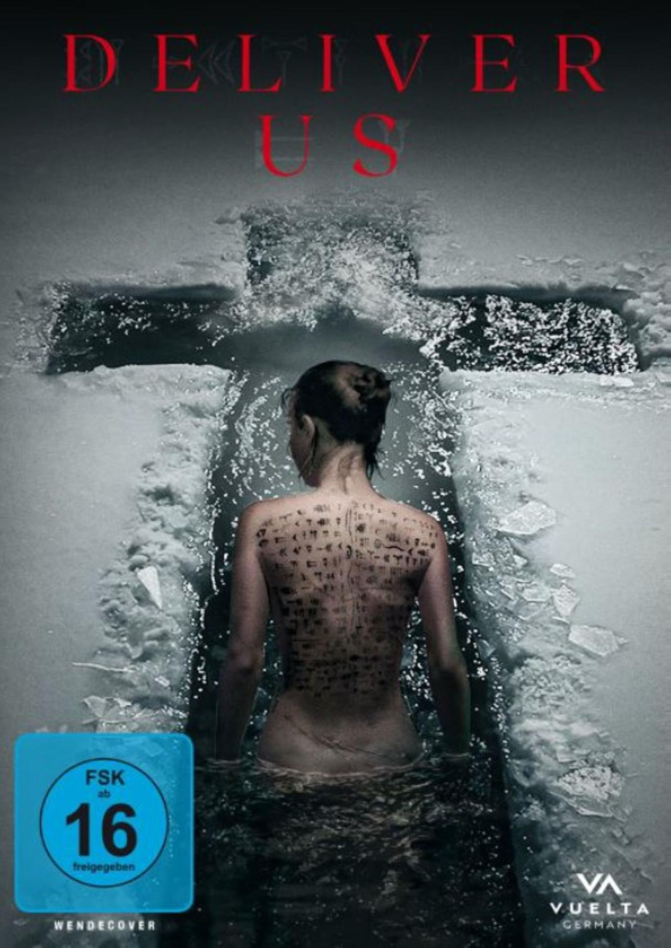 Poster des Films Deliver Us. Eine Frau steht im eisigen Wasser, mit dem Rücken zum Betrachter, mit Tattoos. Titel in Rot.