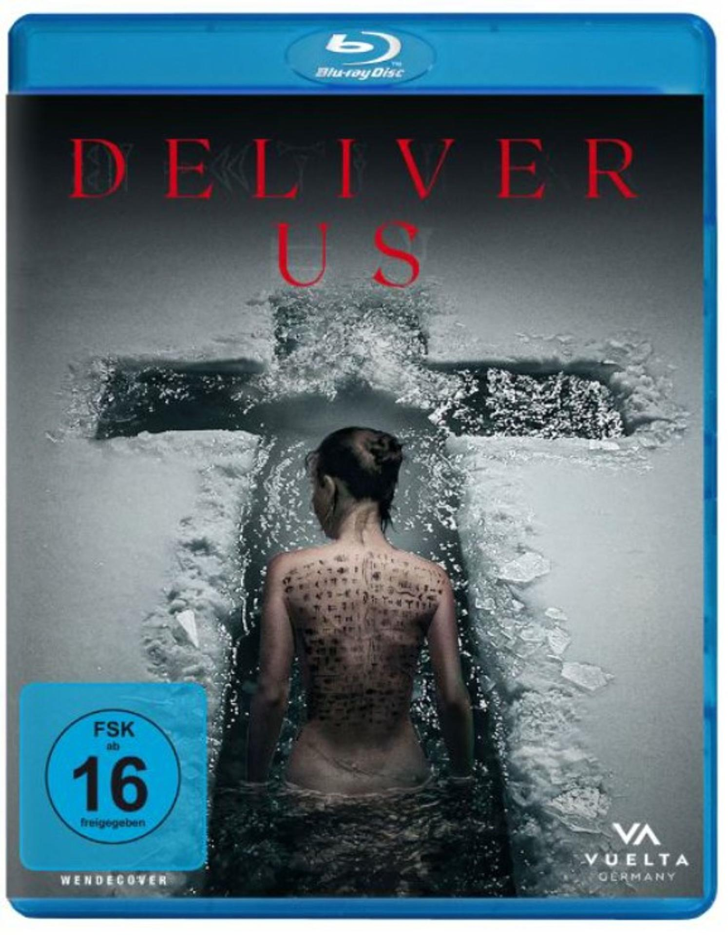 Blu-ray-Cover. Eine Frau mit tätowiertem Rücken steht in eisigem Wasser, darüber der Titel 'Deliver Us'. Das FSK 16-Logo ist sichtbar.
