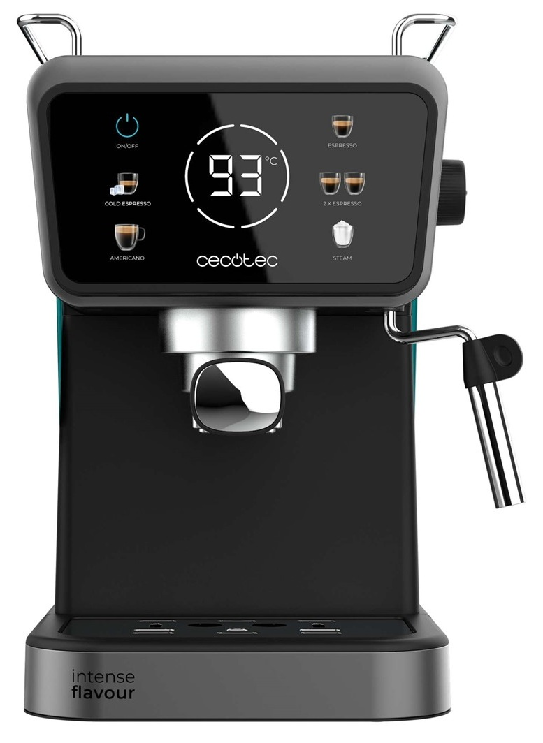 Czarno-szary ekspres do kawy Cecotec z cyfrowym wyświetlaczem pokazującym temperaturę i opcje napojów.