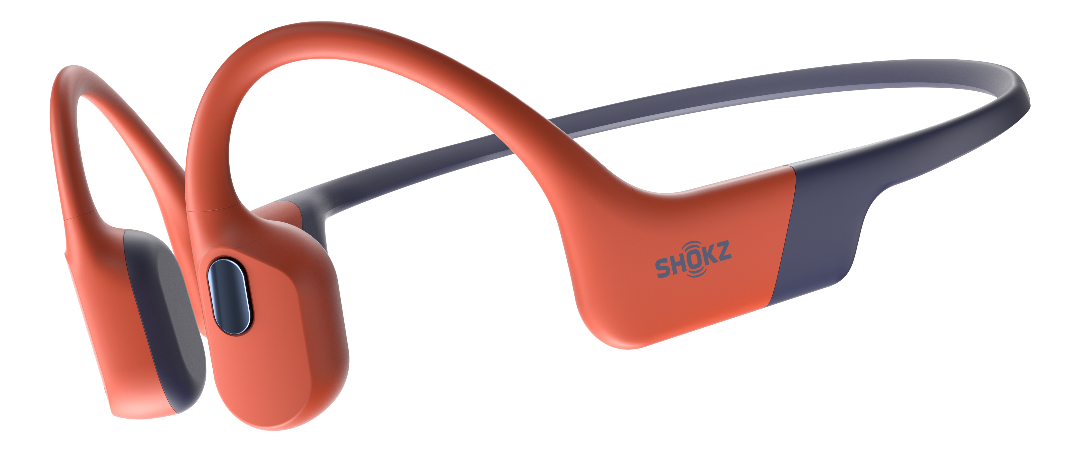 Orange und blaue Shokz-Knochenleitungskopfhörer. Die Kopfhörer befinden sich auf schwarzem Hintergrund. Der Markenname ist sichtbar.