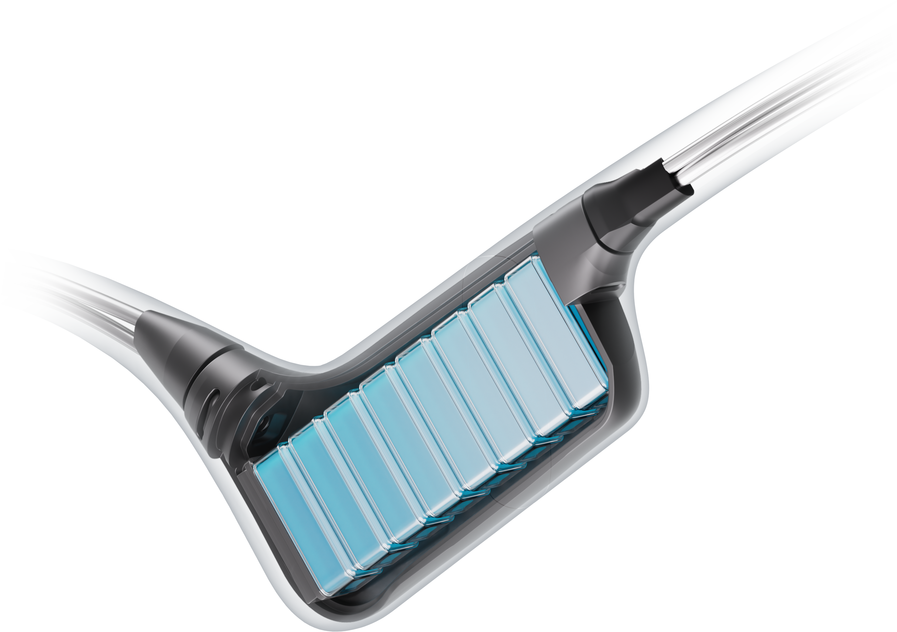 Schnittdarstellung eines Geräts mit einer Reihe blauer rechteckiger Komponenten in einem grauen Gehäuse, auf schwarzem Hintergrund.