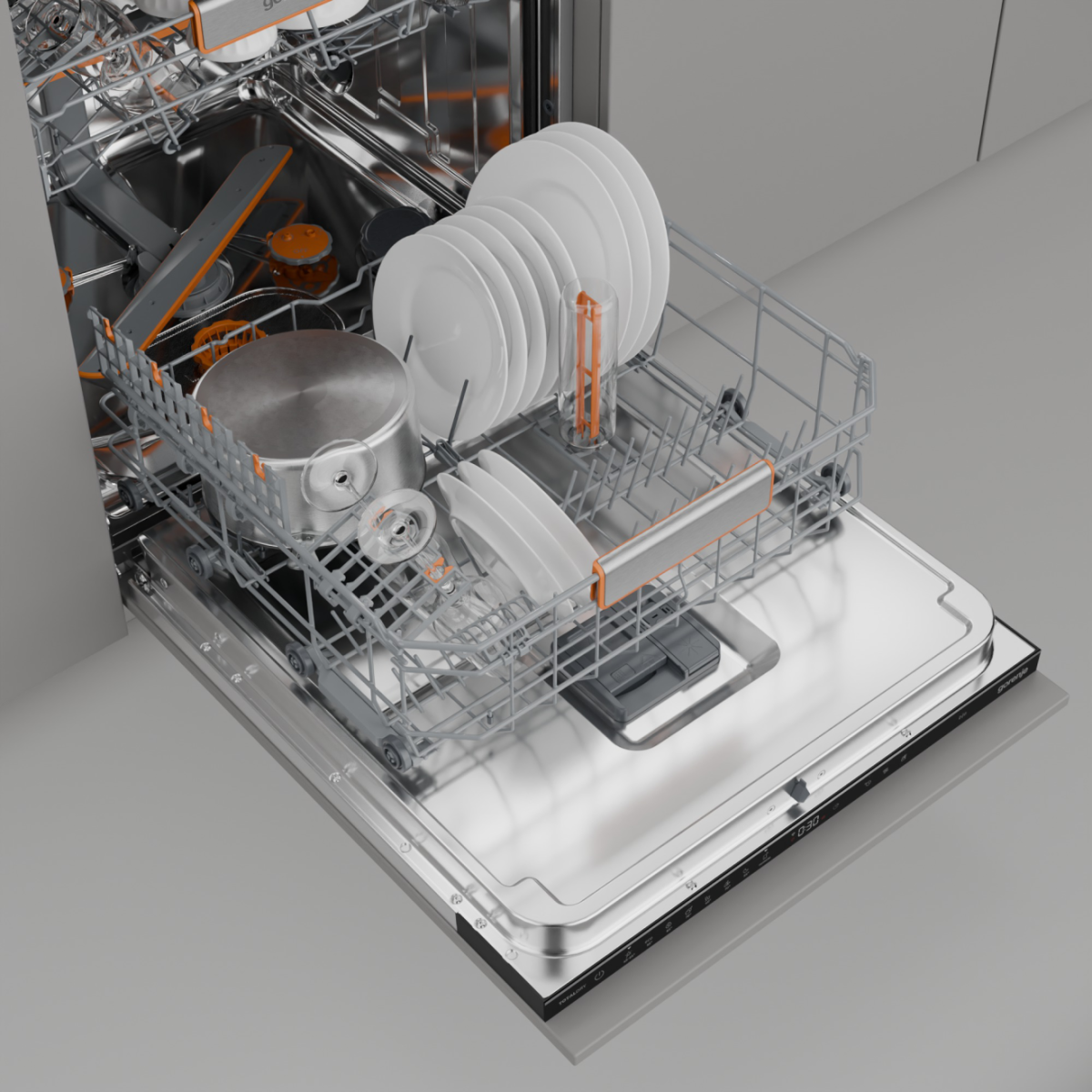 Otwarta zmywarka wypełniona czystymi naczyniami, w tym talerzami, garnkiem i szklankami. Wnętrze jest ze stali nierdzewnej.
