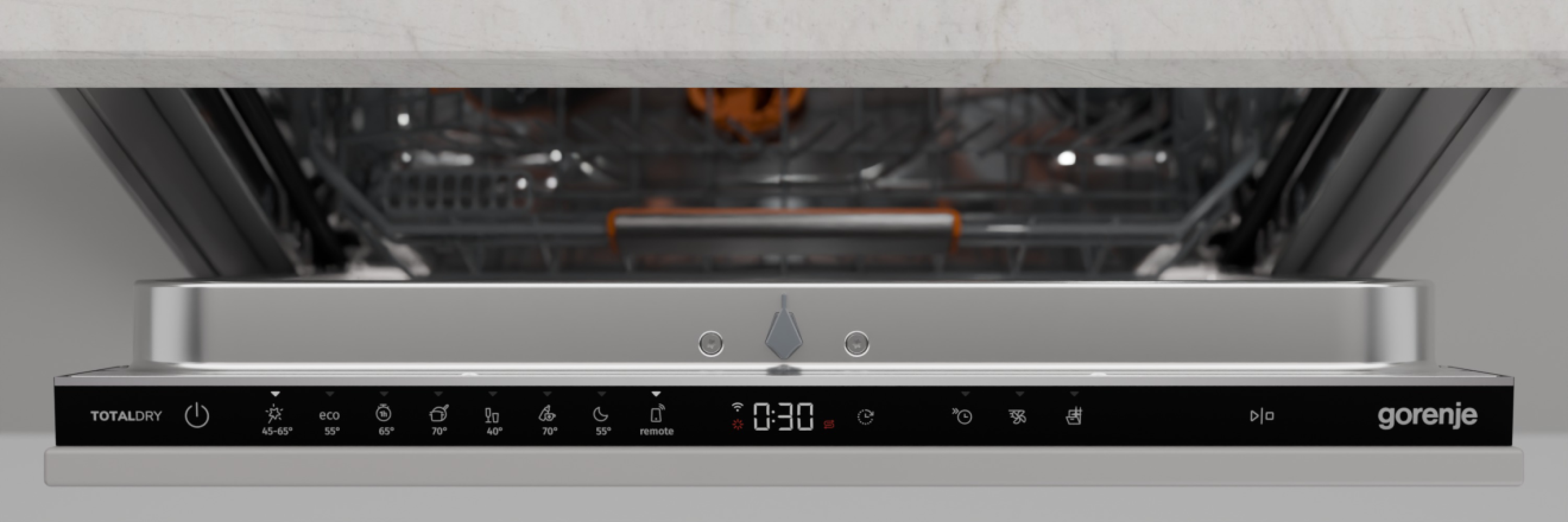 Wnętrze zmywarki z elementami sterującymi. Wyświetla czas, temperaturę i opcje programu. Wykończenie ze stali nierdzewnej.