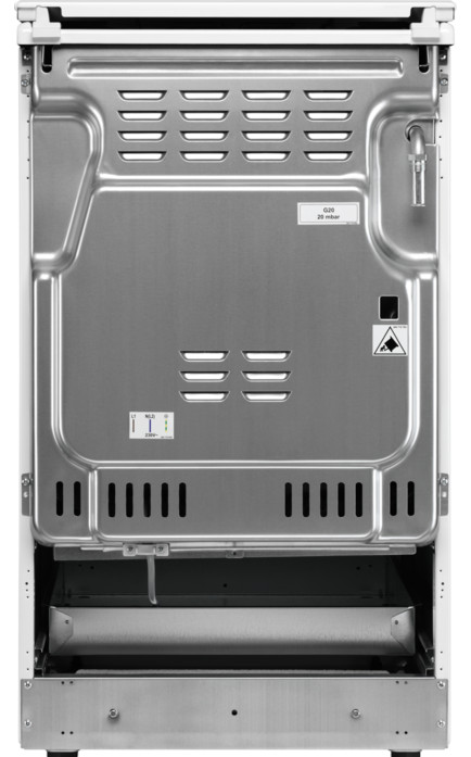 Widok z tyłu srebrnego i białego piekarnika. Posiada wentylację, etykiety i wysuwaną szufladę.