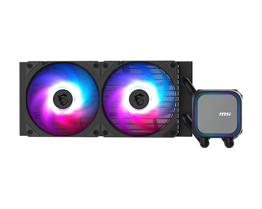 İki fanlı MSI sıvı soğutucu. Fanlar RGB aydınlatmaya sahip. Sağda MSI logolu bir pompa var. Siyah arka plan.