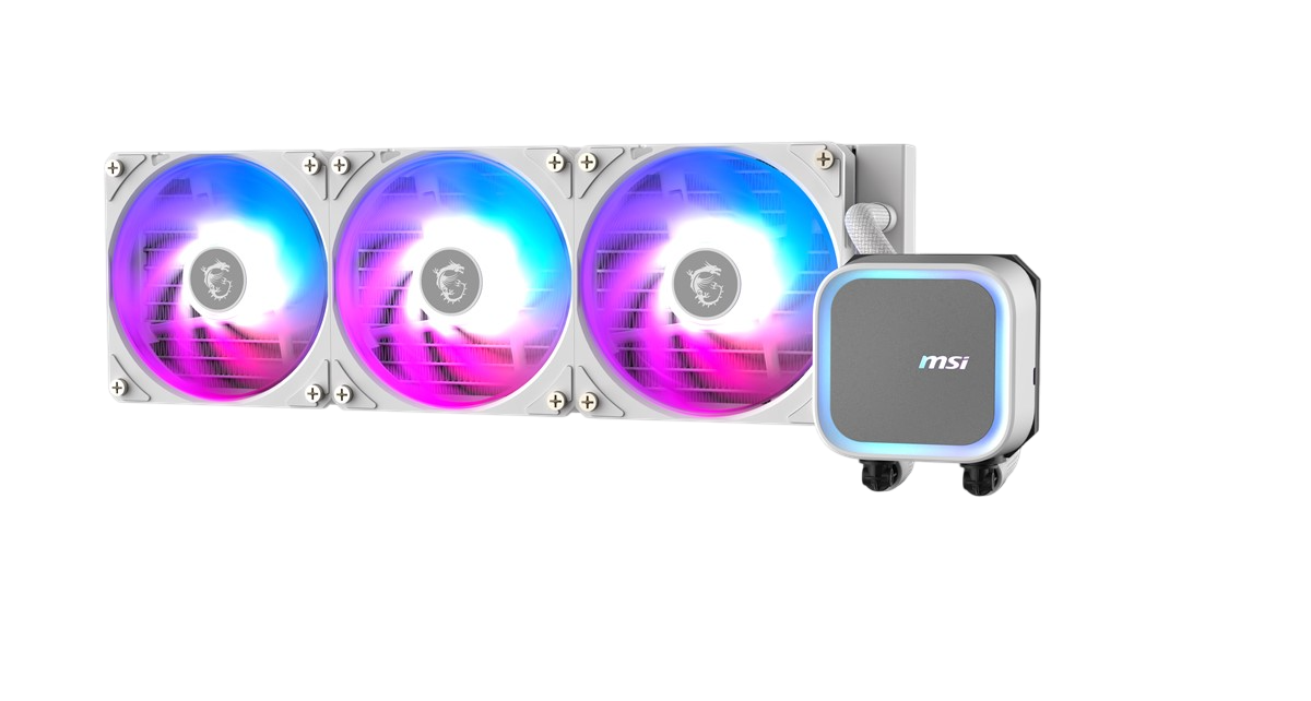MSI sıvı soğutucu, üç fan ve bir pompadan oluşur. Fanlarda RGB ışıklar ve pompada MSI logosu bulunur.
