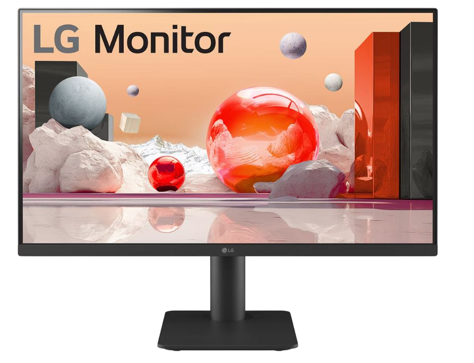 LG monitör, küreler, küpler ve yansıtıcı yüzeylerle soyut bir sahne görüntüler. Monitör, siyah bir stand ile siyahtır.
