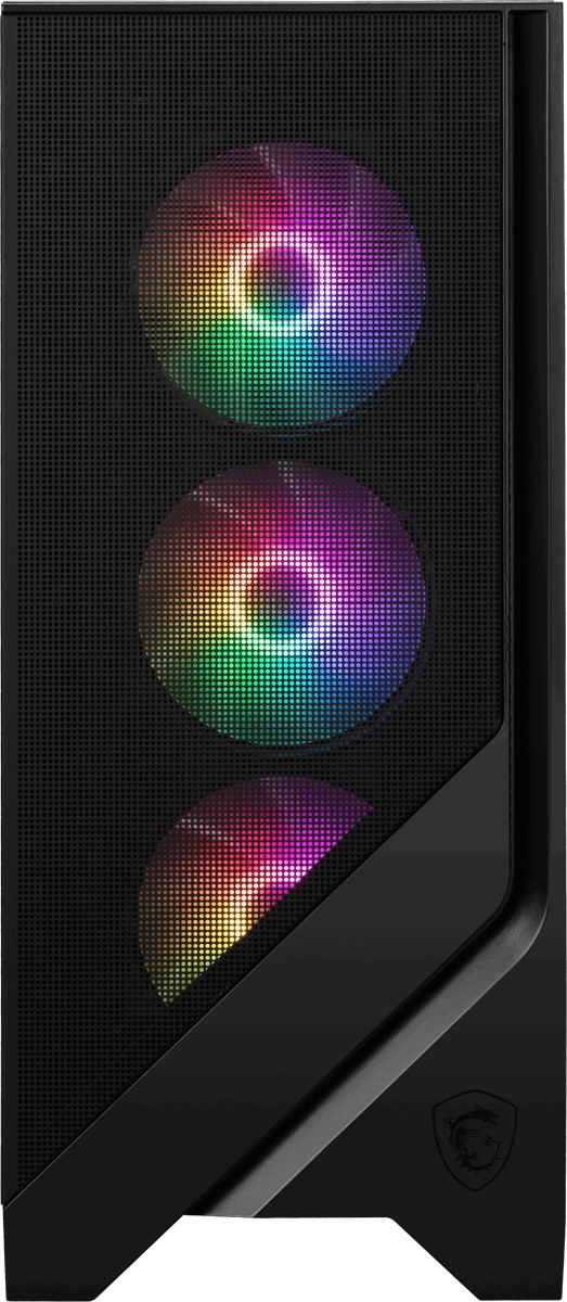 Üç dairesel RGB fanlı siyah PC kasası. Delikli ön panel. Sağ alt köşede MSI logosu.