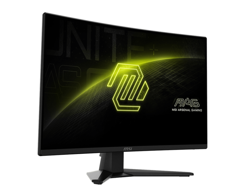 MSI MAG oyun monitörü. Siyah çerçeve, stand. Ekran sarı neon logoyu gösterir. Siyah arka plan.