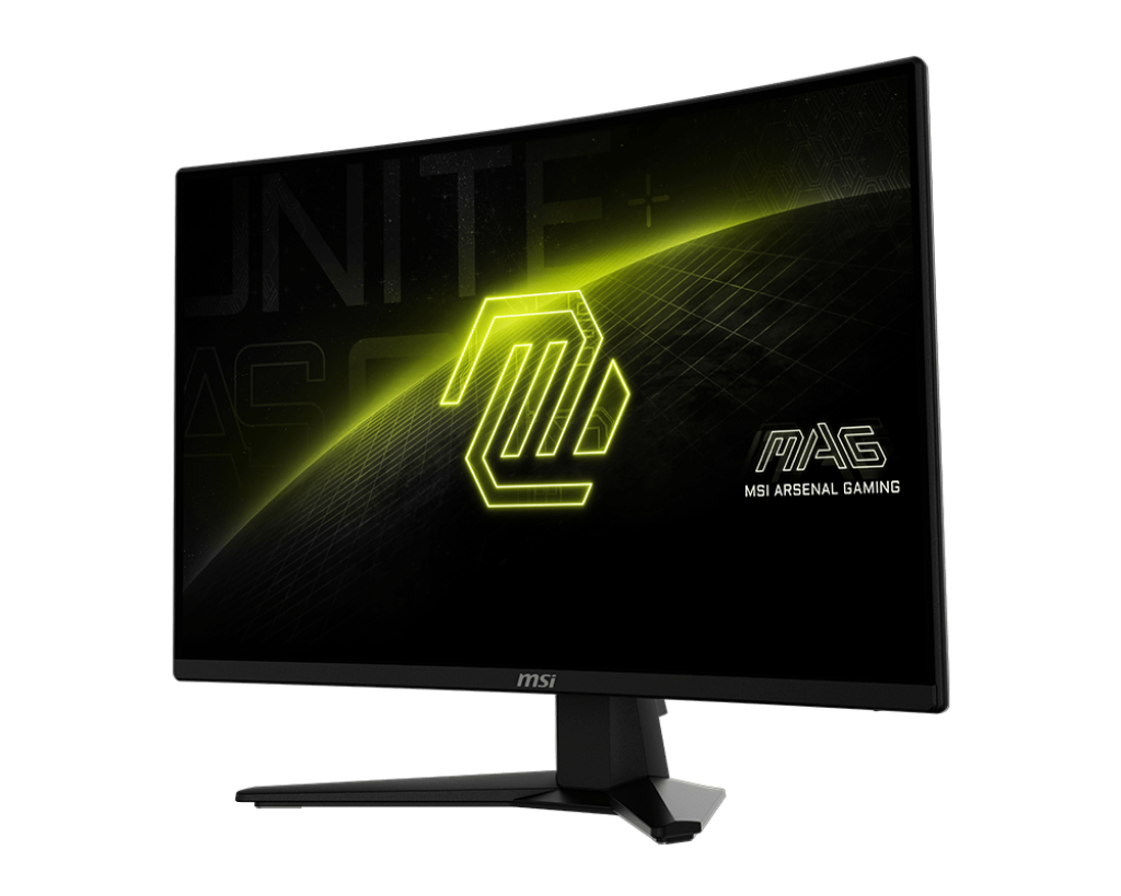 Kavisli bir MSI oyun monitörü, siyah arka plan üzerinde neon yeşili bir logo görüntüler. Stant siyahtır ve ekran açılıdır.
