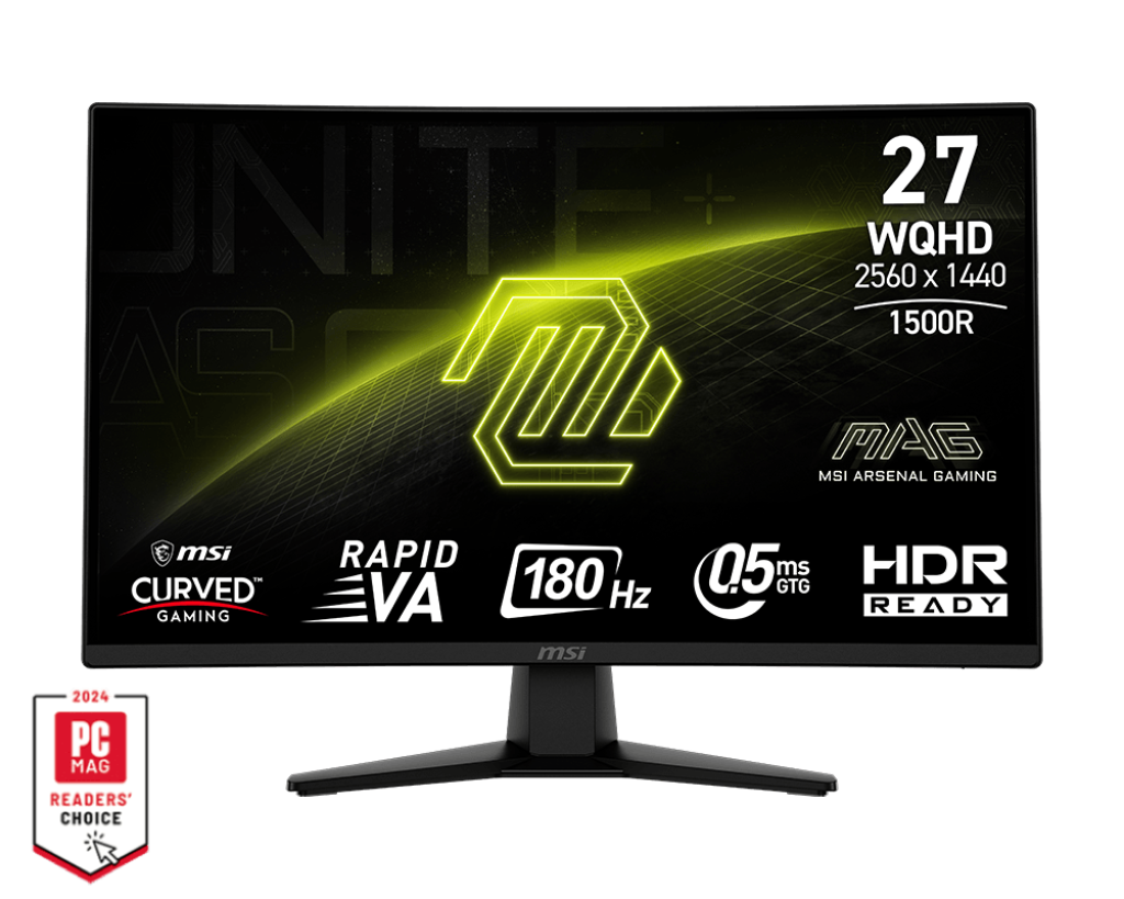 MSI kavisli oyun monitörü. 27 inç, WQHD, 180Hz, HDR hazır. MSI logosu ve PC Mag Readers' Choice rozeti ile.