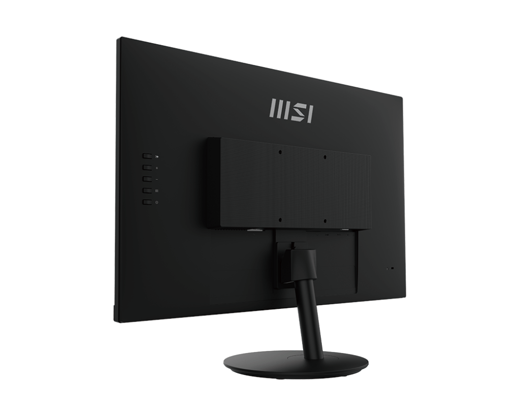 Arkadan görülen siyah bilgisayar monitörü. Monitörün bir standı ve kare şeklinde bir arkası var. MSI logosu üstte.