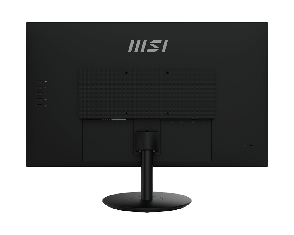 Siyah bir MSI monitörünün arka görünümü. Bir standı, bağlantı noktaları ve üstte MSI logosu var. Monitör siyah bir arka plan üzerinde.