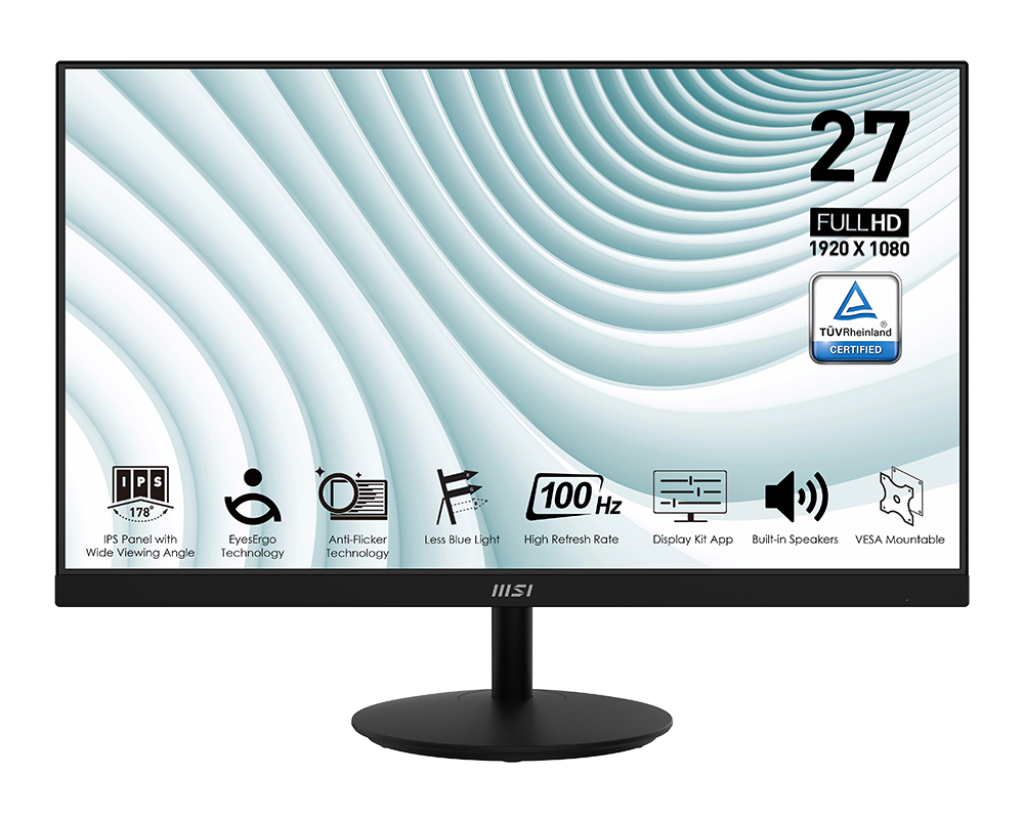 27 inçlik bir MSI monitör. Özellikleri arasında 100Hz yenileme hızı, Full HD ve dahili hoparlörler bulunur. Siyah bir standı ve çerçevesi vardır.
