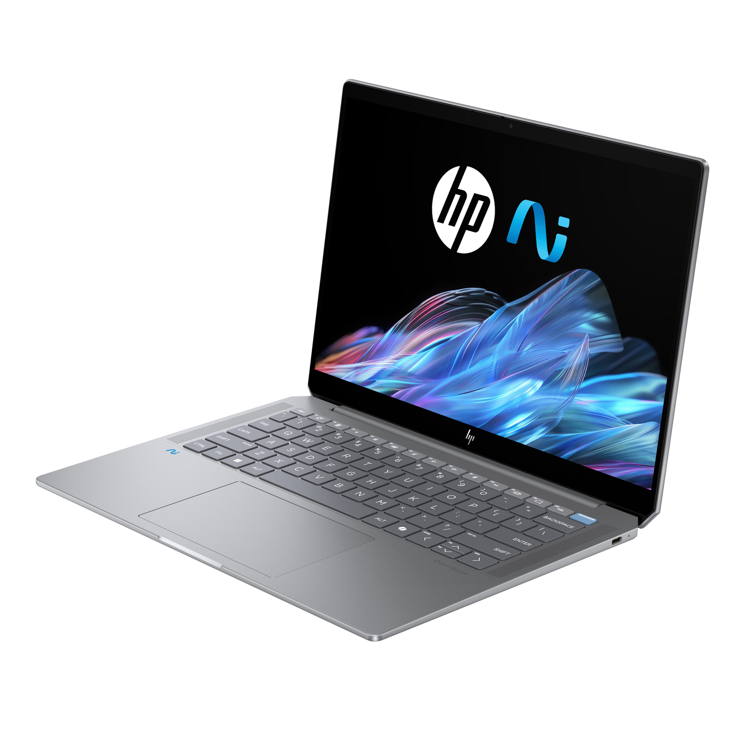 A silver HP laptop is open. The screen displays the HP and Ai logo. The keyboard is visible. The background is plain white.