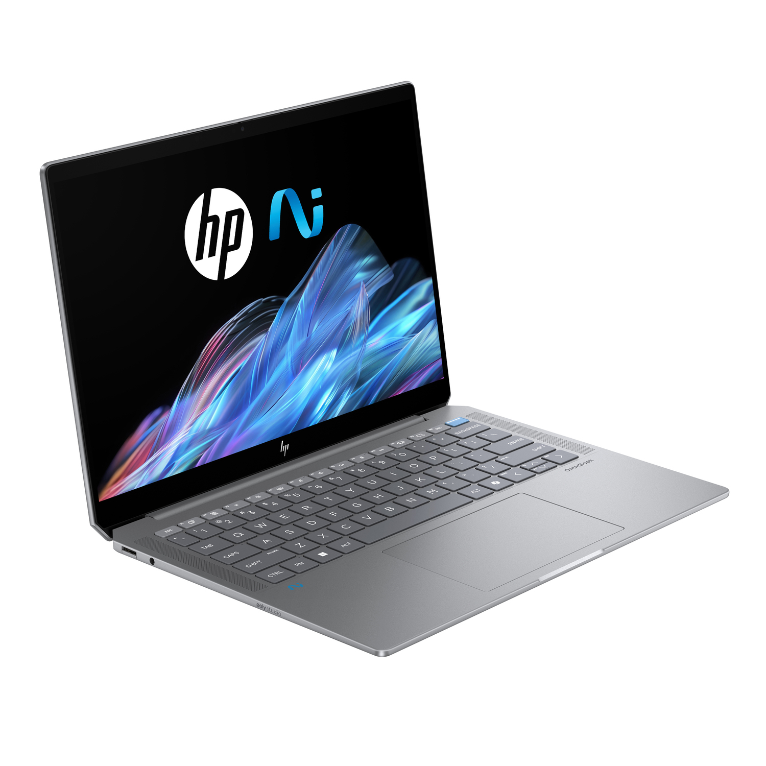 A silver HP laptop is open on a white surface. The screen shows the HP logo and a blue-purple design. Keyboard visible.