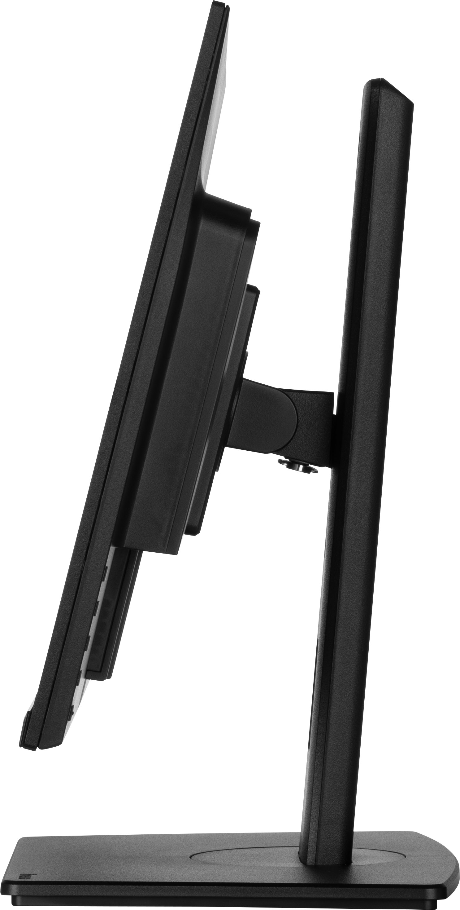 Ein schwarzer Computermonitor, leicht geneigt. Er wird von einem Ständer getragen. Der Hintergrund ist weiß.