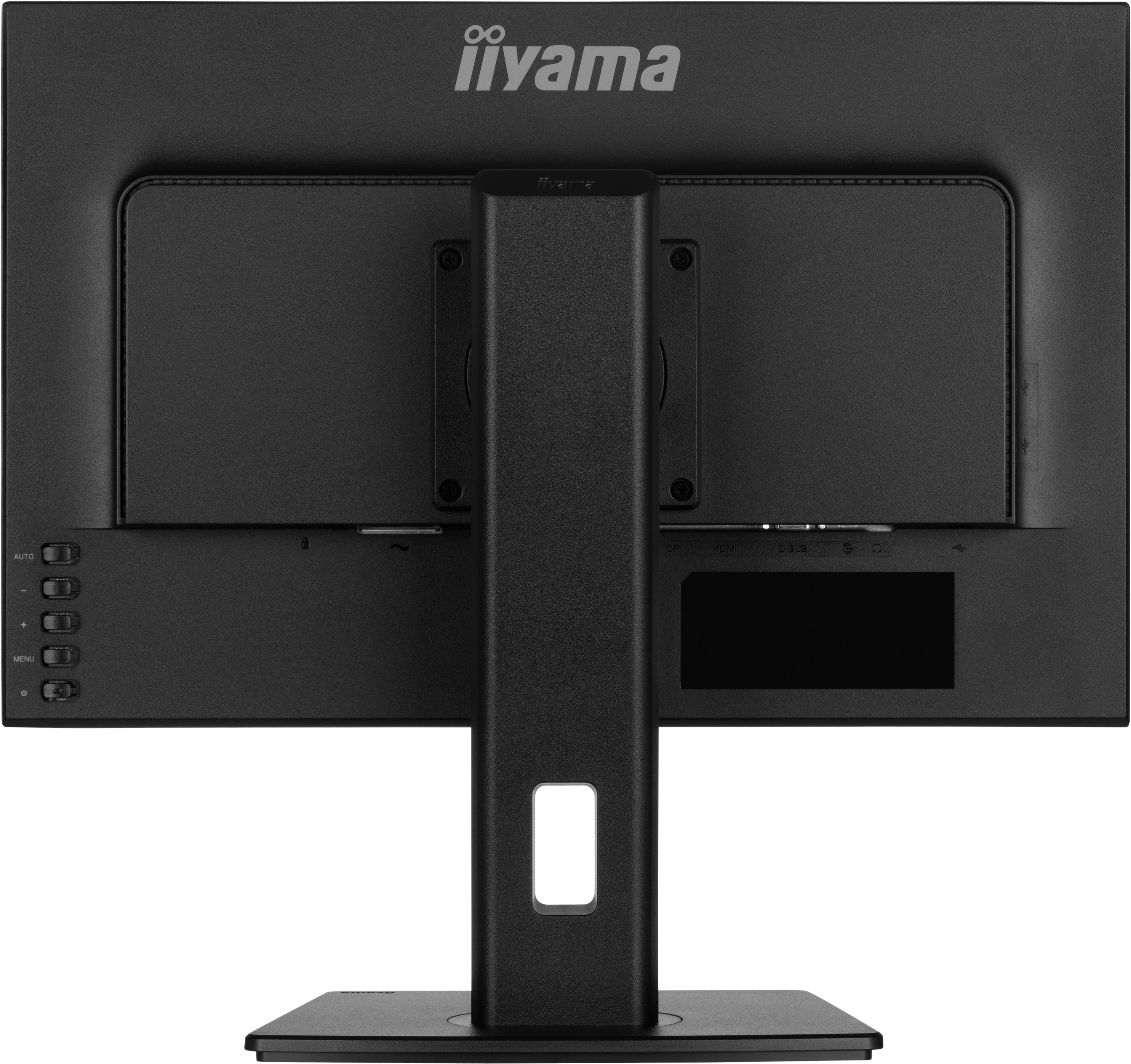 Schwarzer Iiyama-Monitorrücken. Inklusive Ständer, Tasten, Anschlüssen und Logo oben. Rechteckige Form mit matter Oberfläche.