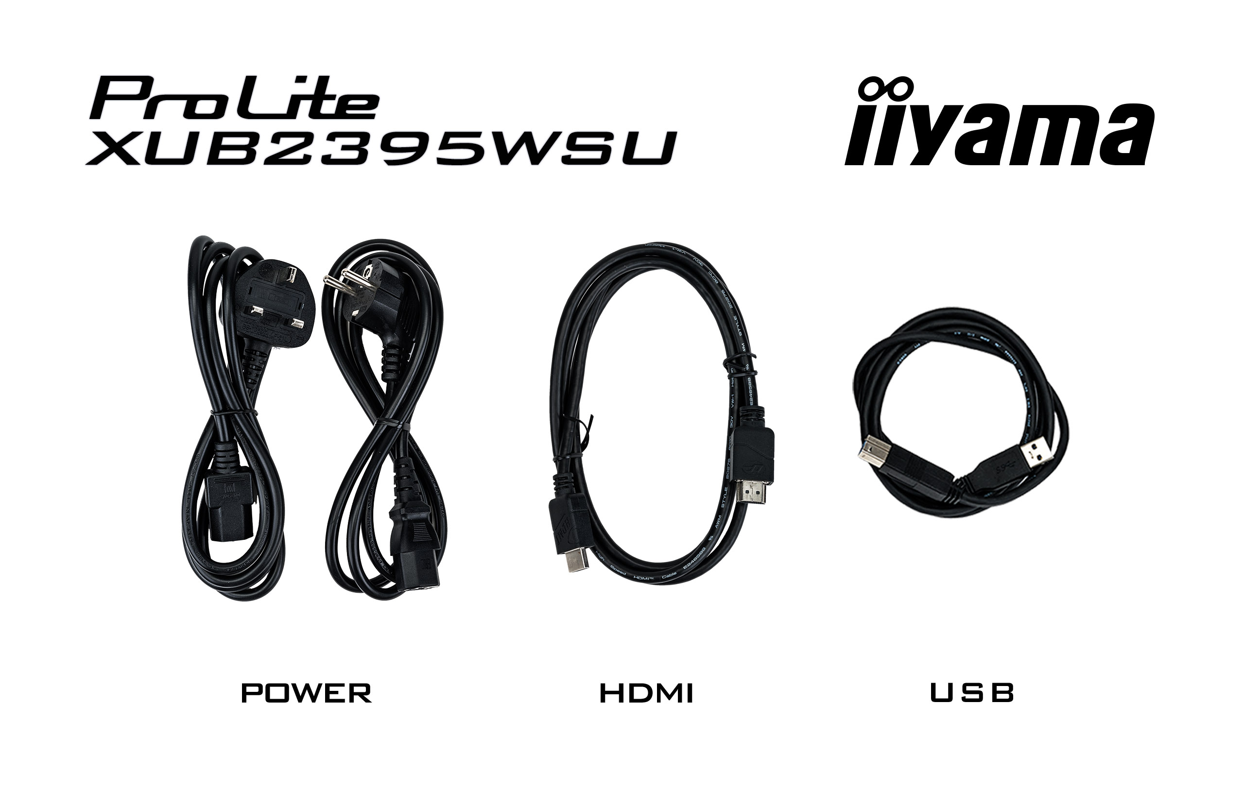 Das Bild zeigt drei Kabel: Strom-, HDMI- und USB-Kabel. Oben befinden sich Logos ProLite, iiyama. Etiketten kennzeichnen jedes Kabel.