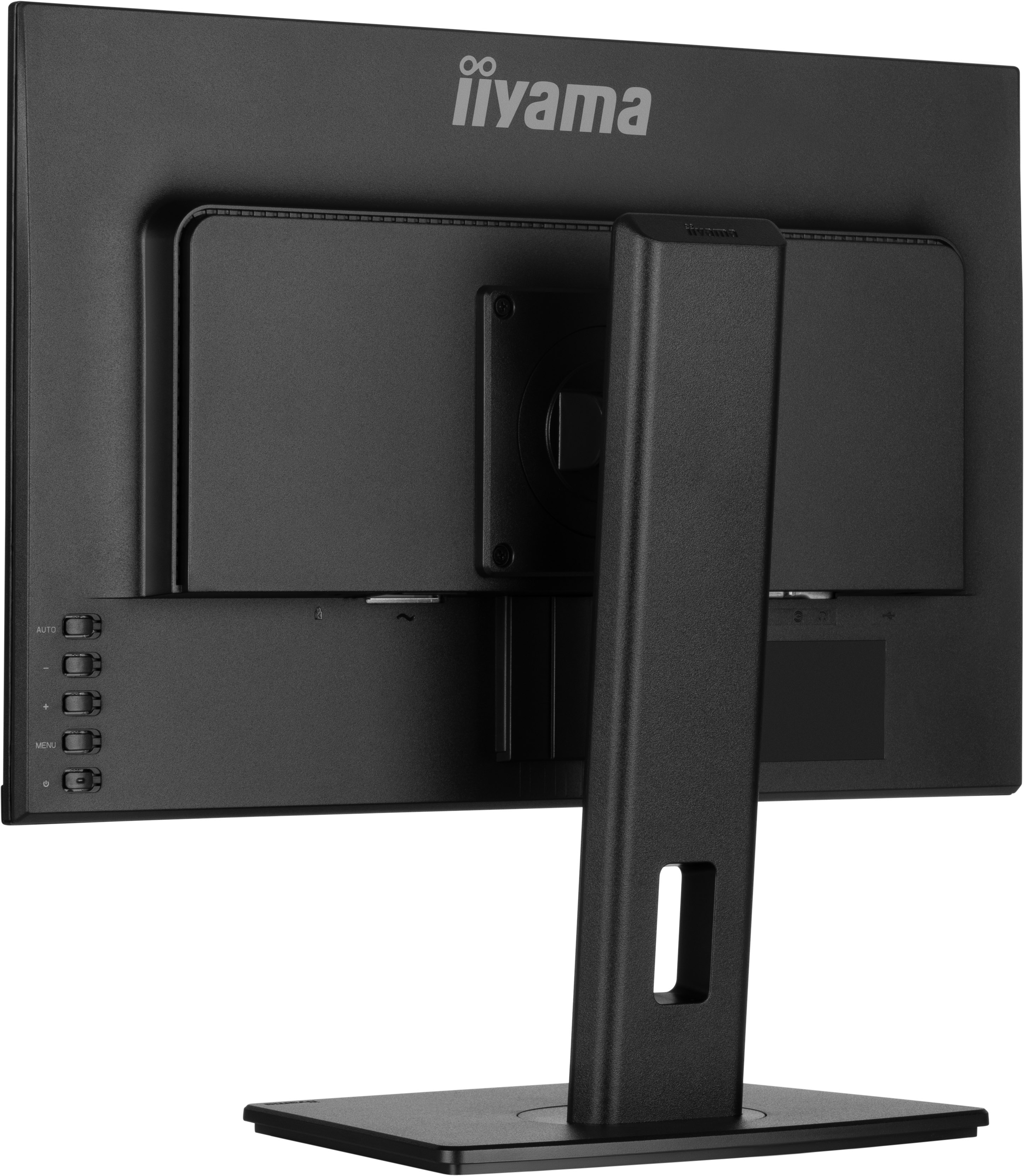 Rückseite eines schwarzen Computermonitors. Ständer und Sockel. Knöpfe auf der linken Seite, Markenname oben.