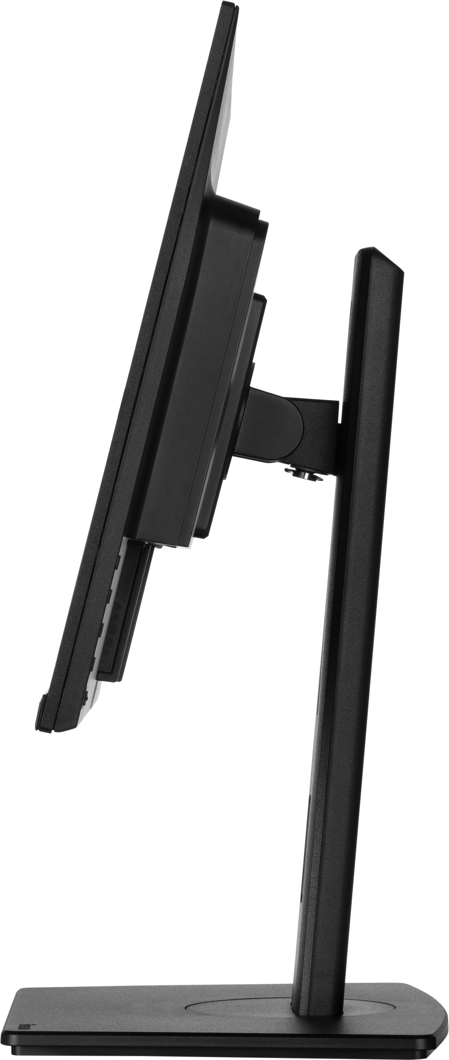 Ein schwarzer Computermonitor von der Seite, der Bildschirm, der Ständer und der Sockel sind vor weißem Hintergrund zu sehen.