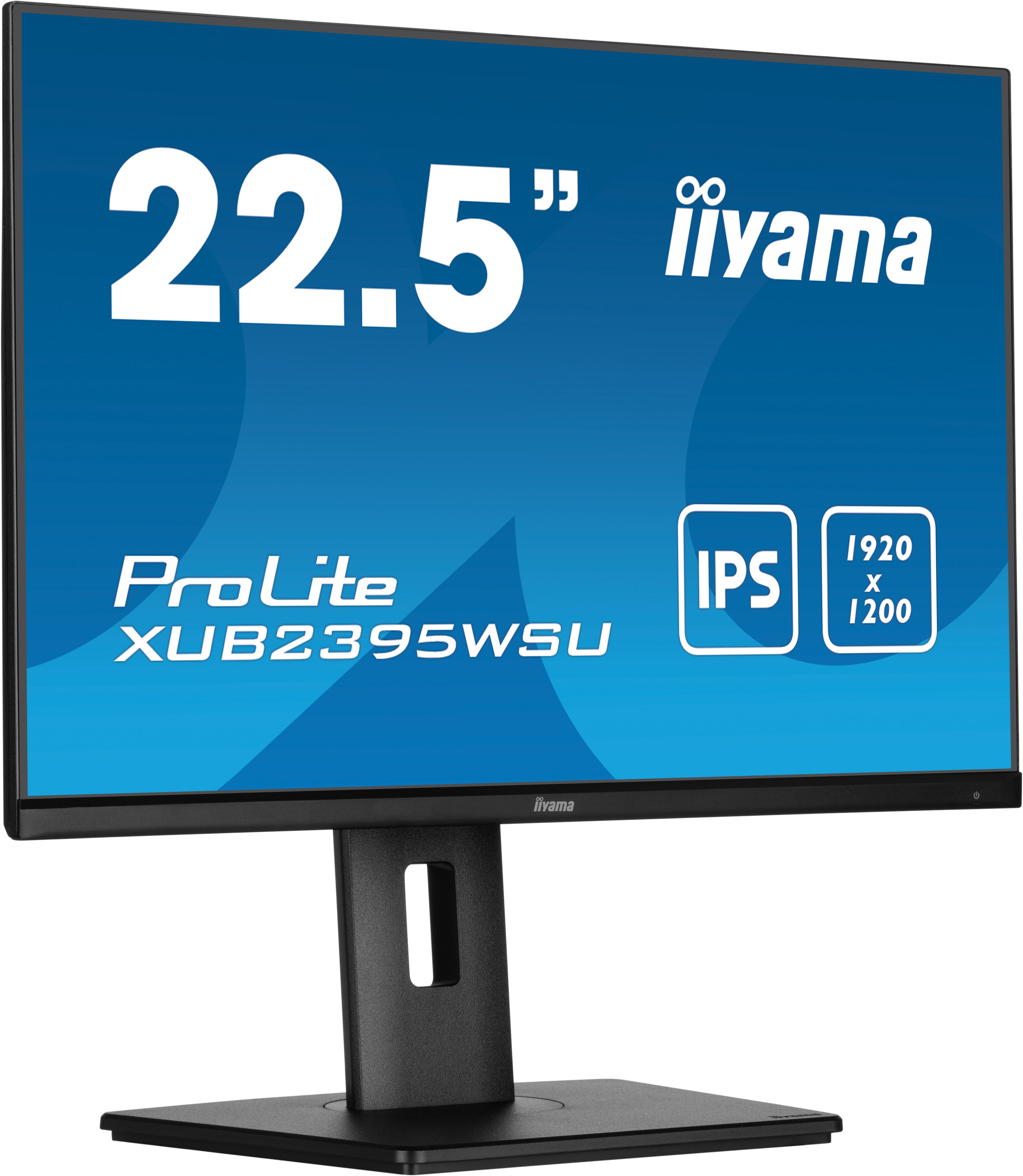 Ein schwarzer Iiyama ProLite Monitor. Er zeigt '22,5"' und Modellinfo. Der Bildschirm ist blau und zeigt 'IPS' und Auflösung.