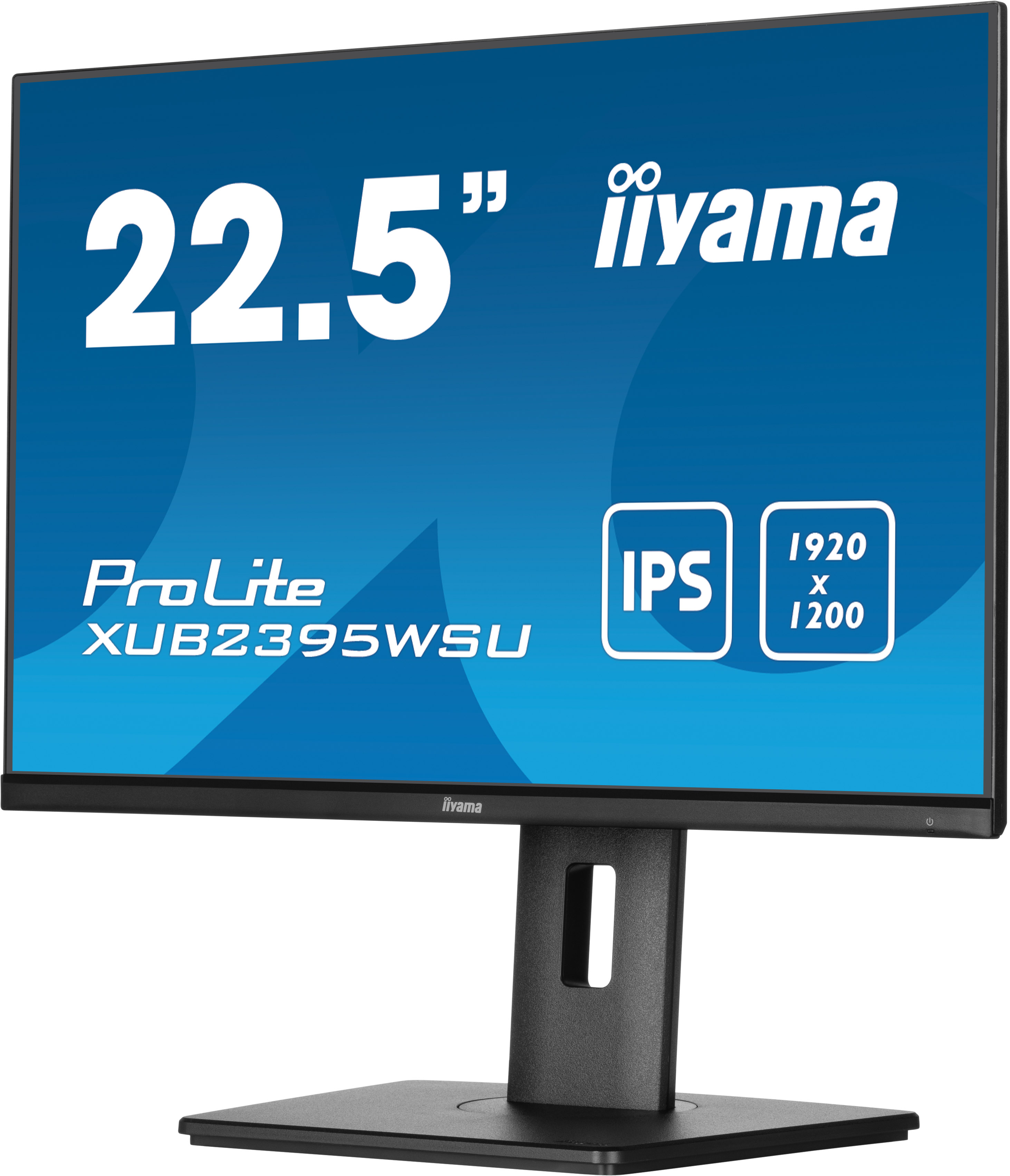 Ein Computermonitor zeigt Markenname, Bildschirmgröße und Modelldetails. Er hat einen schwarzen Ständer.