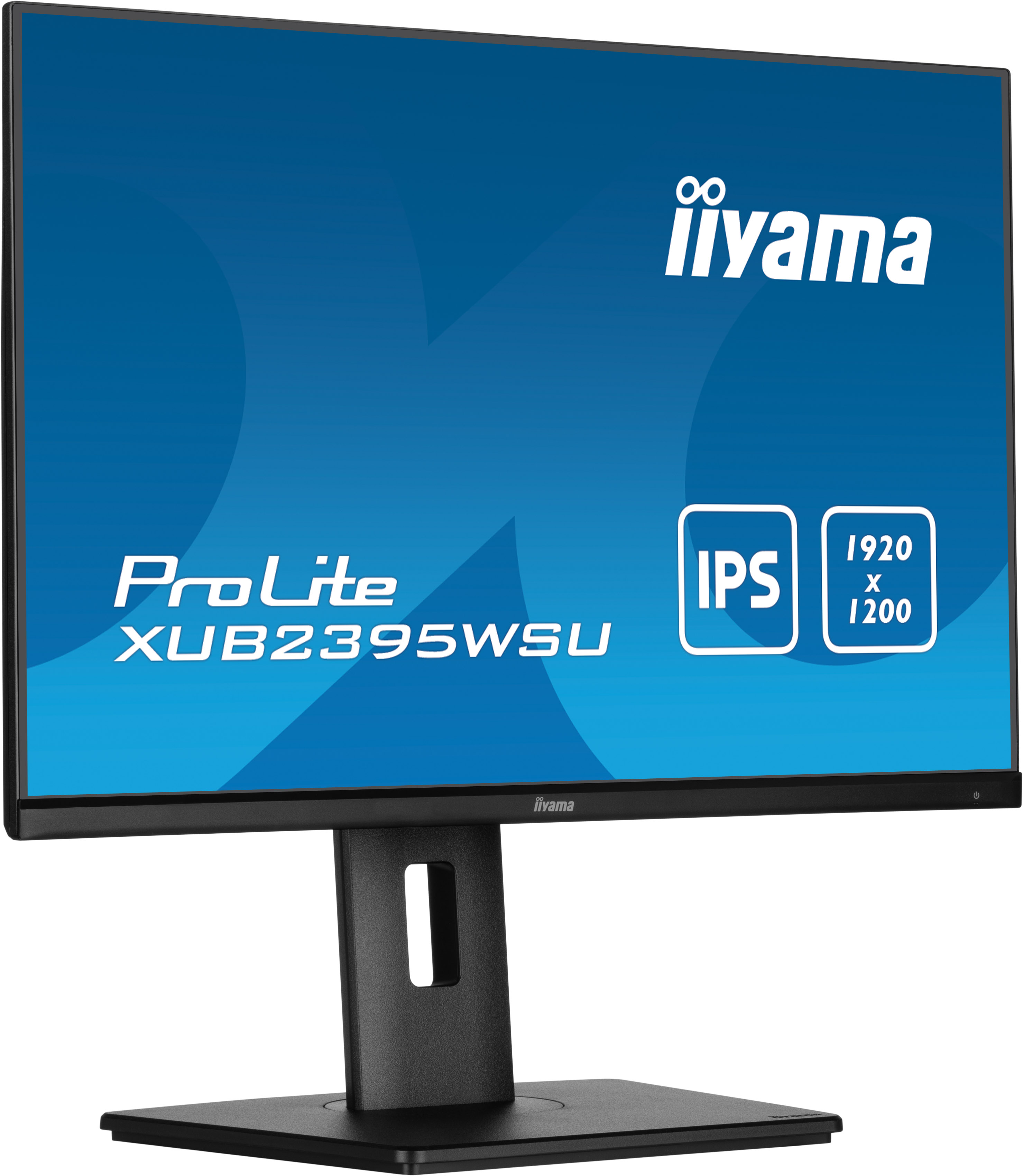 Ein iiyama-Monitor. Er hat einen schwarzen Rahmen und Ständer mit einem blauen Bildschirm, der Produktinfos und Logo zeigt.