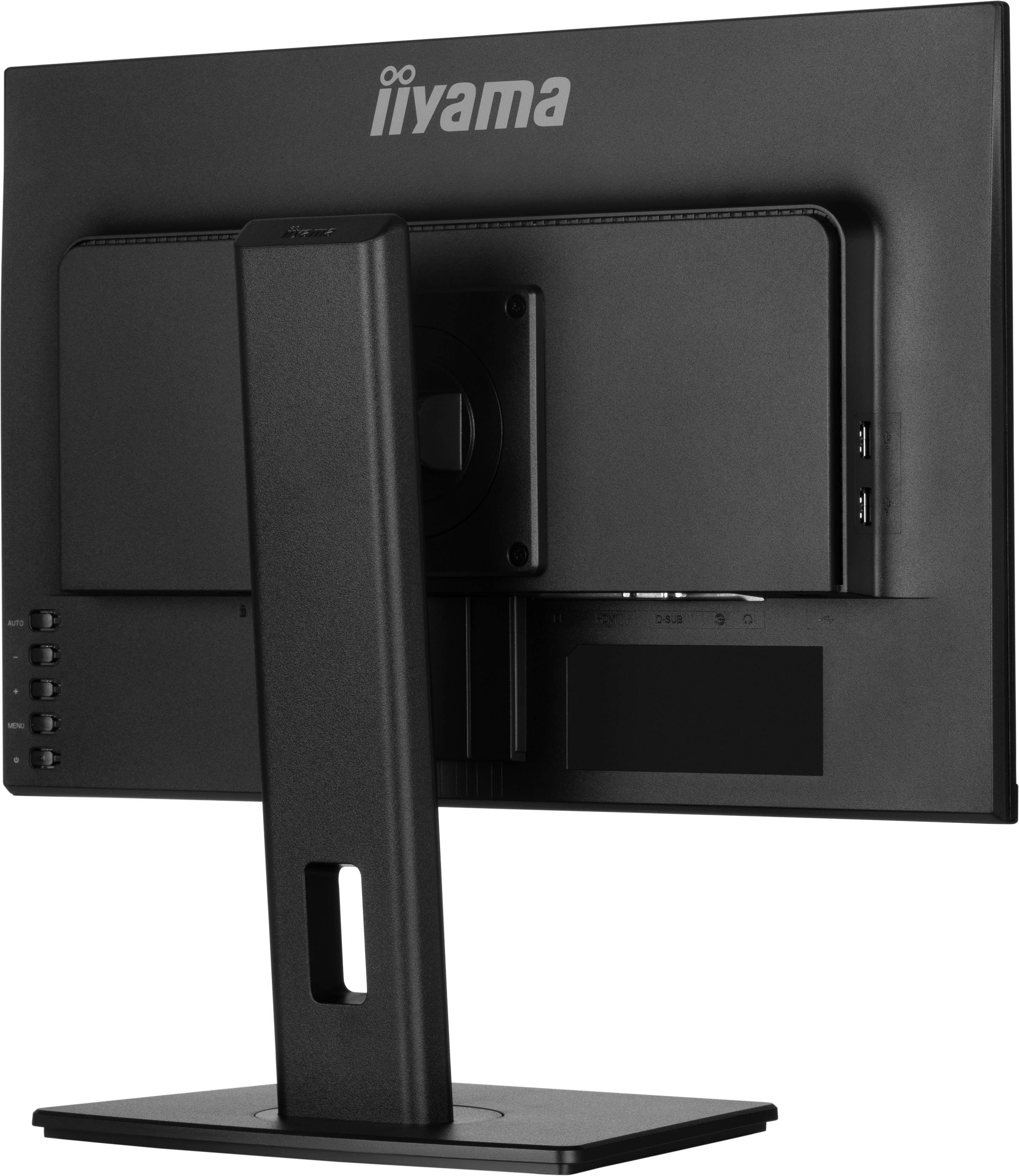 Rückseite eines schwarzen iiyama-Monitors mit Ständer. Anschlüsse und Tasten sind sichtbar. Das iiyama-Logo befindet sich oben.
