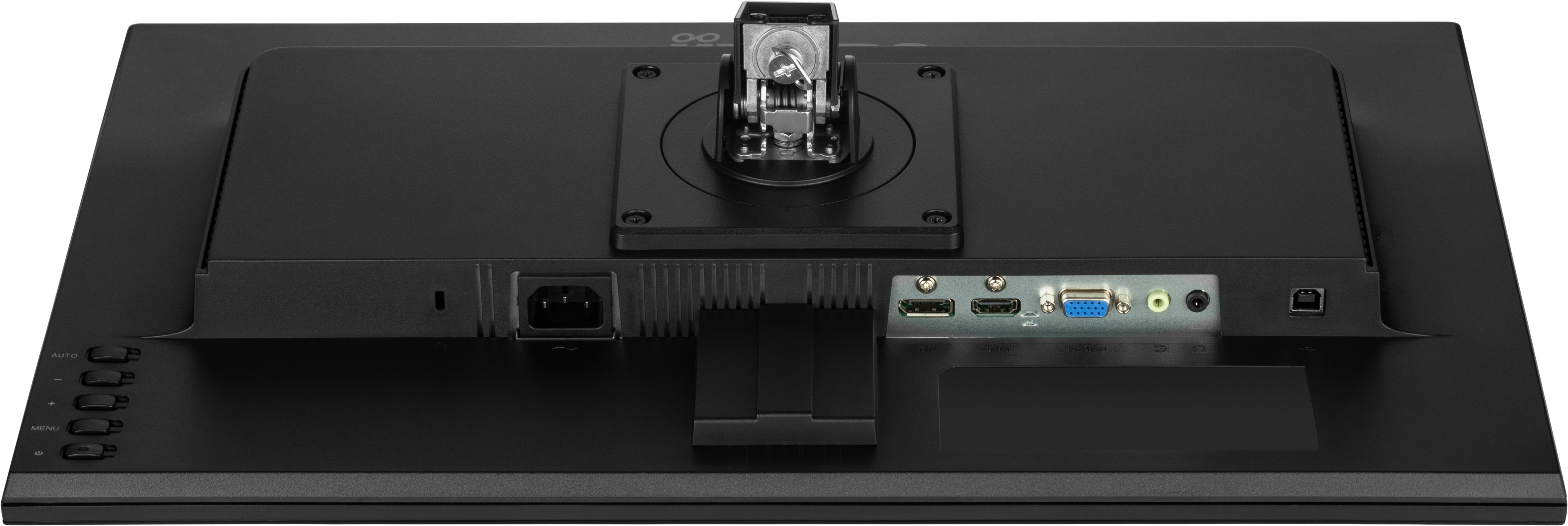Rückseite eines schwarzen Computermonitors mit verschiedenen Anschlüssen. Enthält Strom-, HDMI-, VGA- und Audioanschlüsse. Ein Ständer ist angebracht.