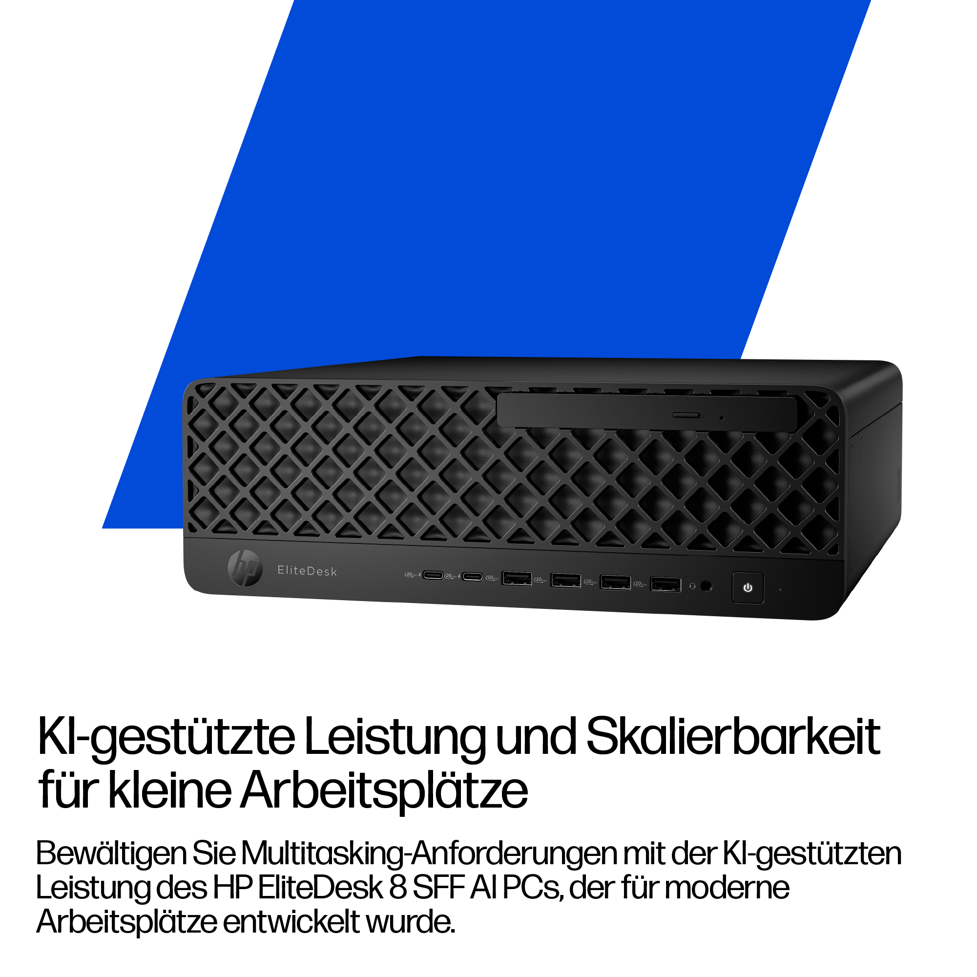 Schwarzer HP EliteDesk-Computer mit geometrischer Frontplatte, blauem und weißem Hintergrund, KI-Leistungsförderung.