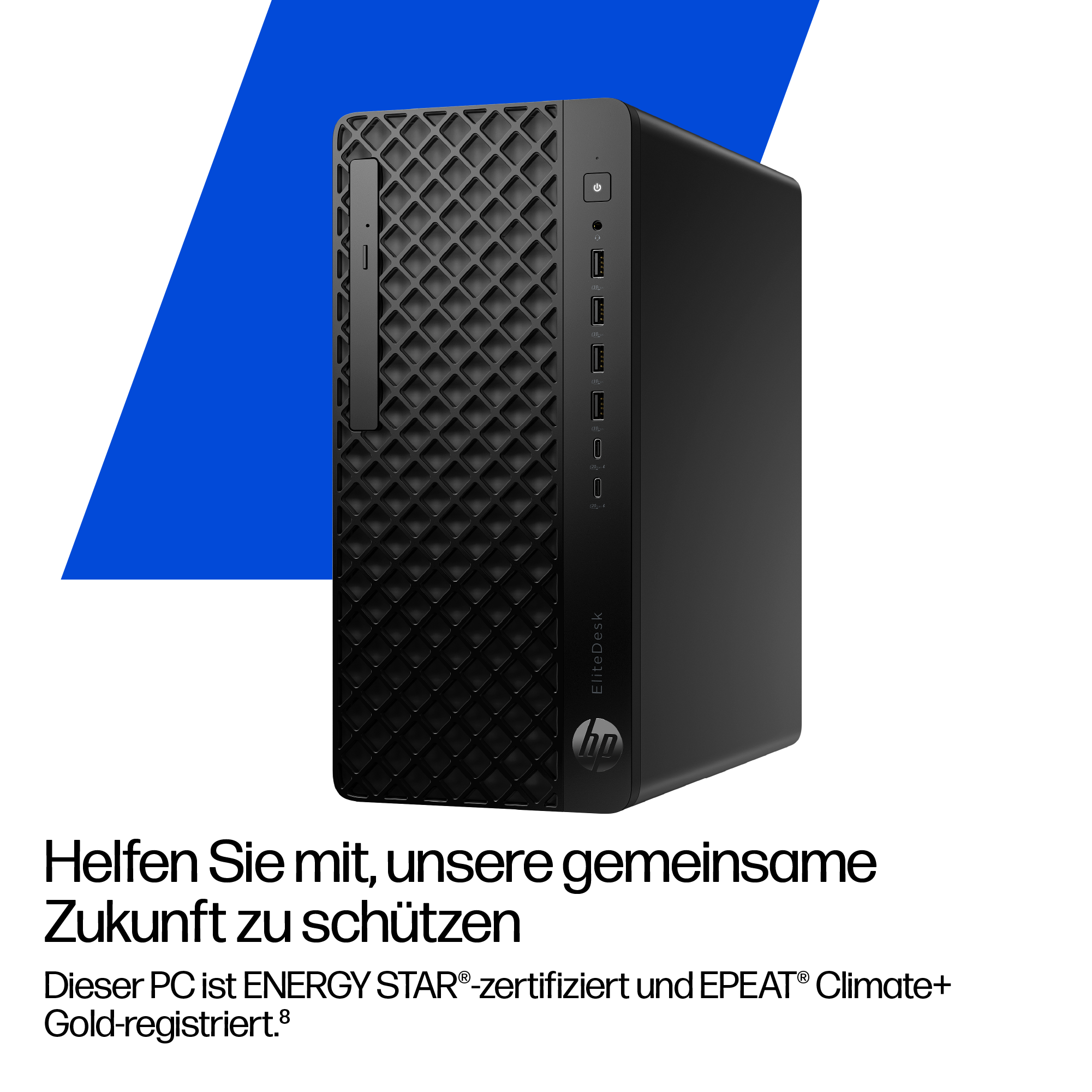 Schwarzer HP EliteDesk PC vor weißem Hintergrund mit blauer Form. Text: Helfen Sie, unsere Zukunft zu schützen. ENERGY STAR zertifiziert.