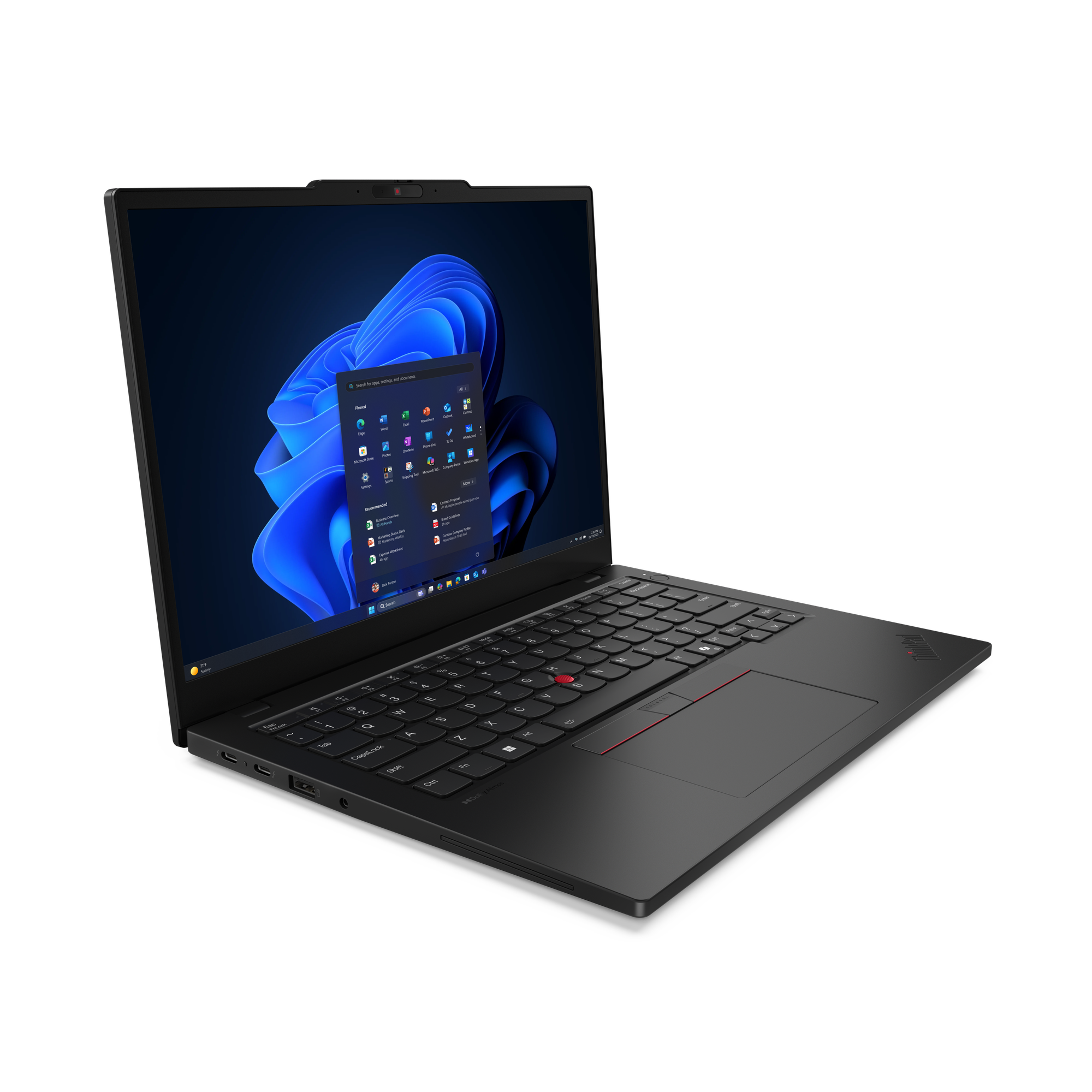 Ein schwarzer Laptop zeigt die Windows-Oberfläche auf schwarzem Hintergrund. Der Laptop ist geöffnet und zeigt Tastatur und Bildschirm.