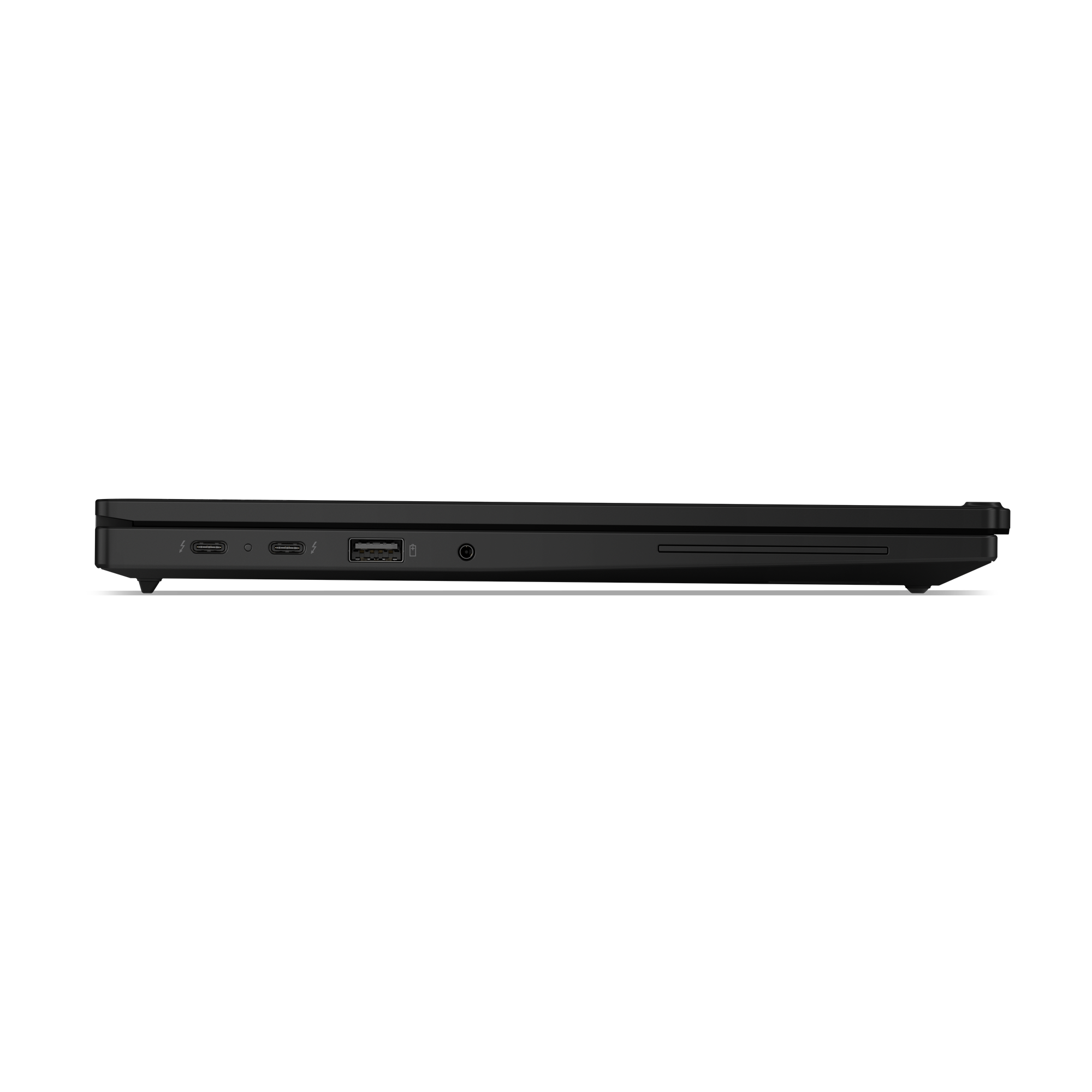 Seitenansicht eines schwarzen Laptops mit sichtbaren Anschlüssen. Enthält USB, Kopfhöreranschluss und Kartenleser.