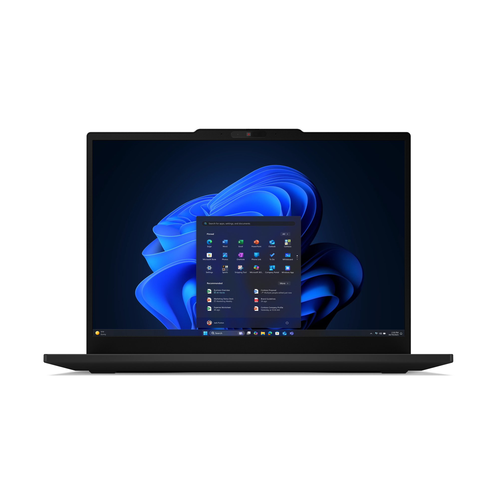 Ein schwarzer Laptop zeigt die Windows 11-Oberfläche. Der Bildschirm zeigt das Startmenü mit App-Symbolen vor blauem Hintergrund.