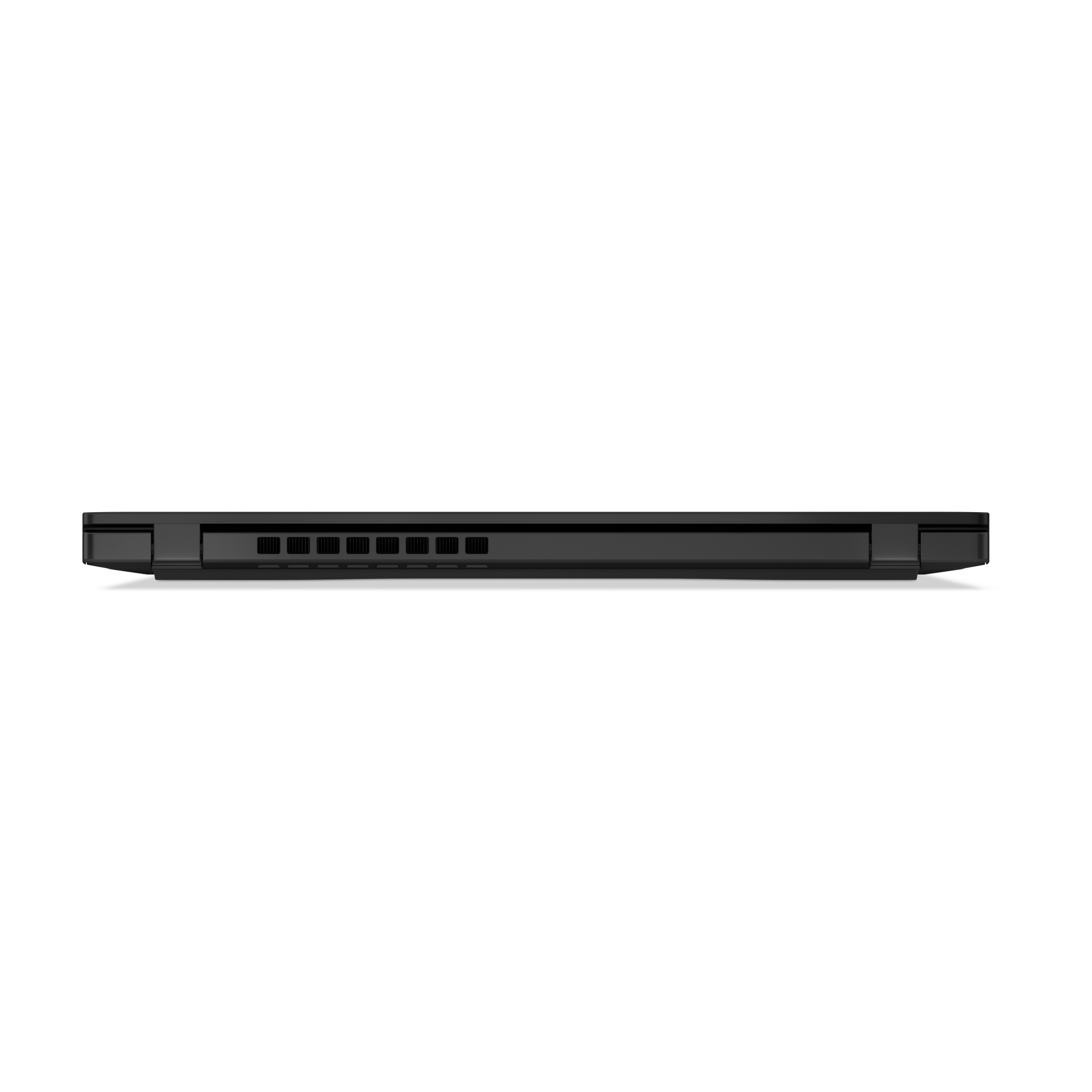 Seitenansicht eines schwarzen Laptops. Die Seite des Laptops hat Lüftungsschlitze und Anschlüsse, vor schwarzem Hintergrund.