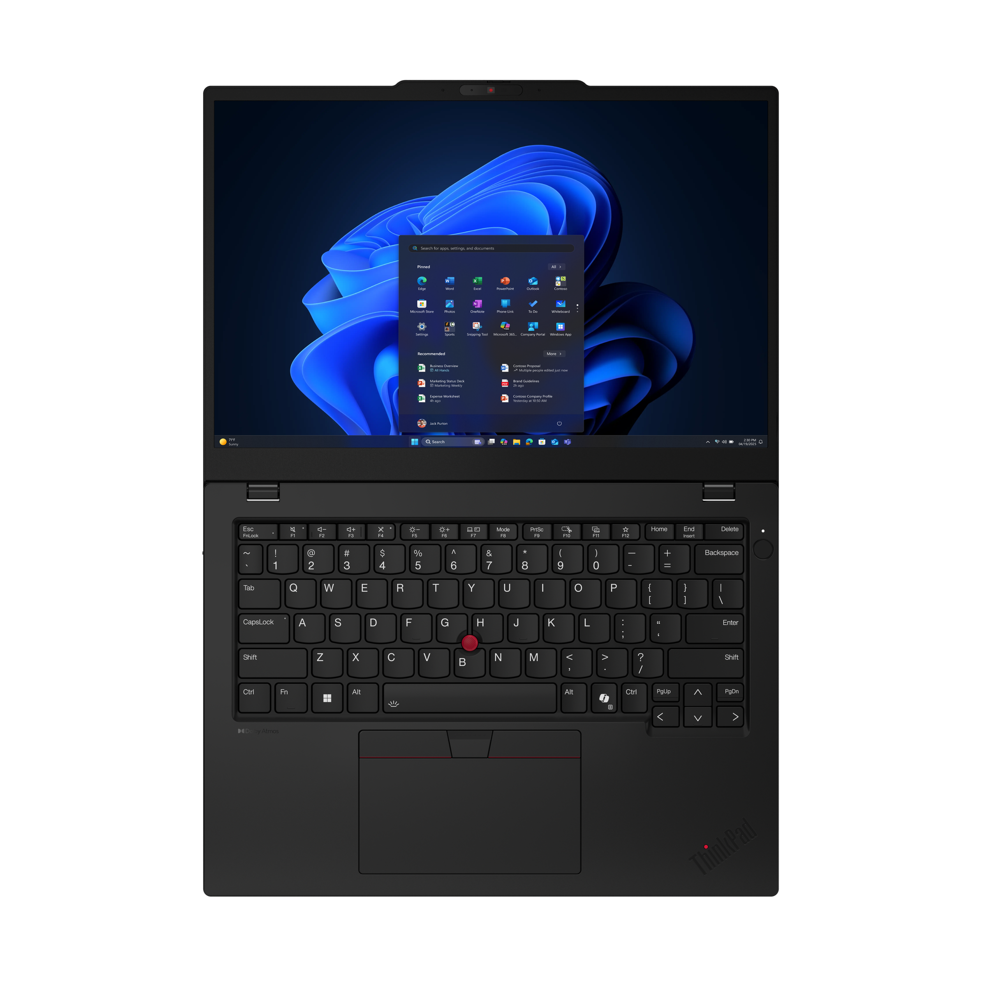 Schwarzer ThinkPad-Laptop geöffnet, zeigt Tastatur und Windows 11-Oberfläche. Der Bildschirm zeigt Apps und einen blauen Hintergrund.