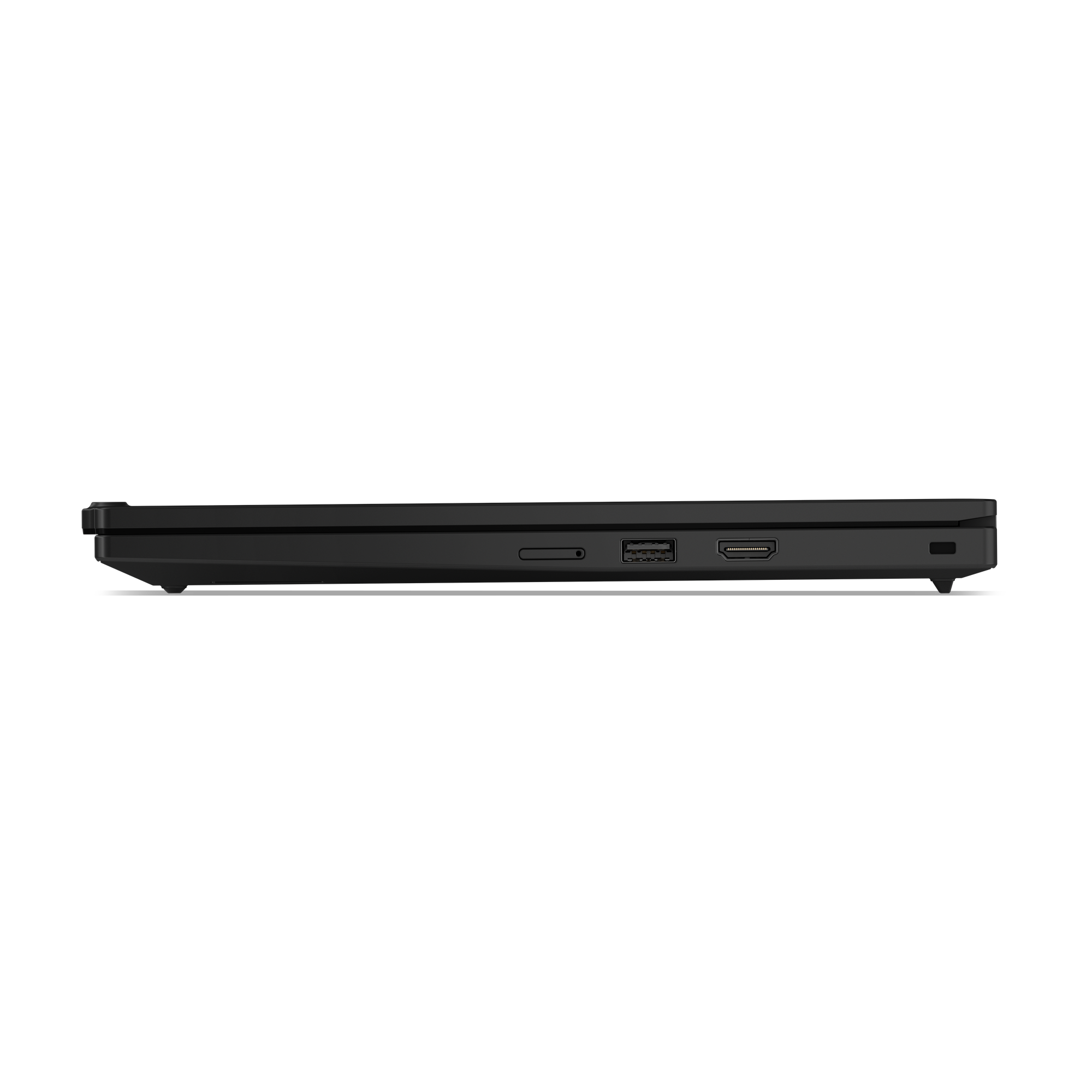 Seitenansicht eines schwarzen Laptops. Sichtbare Anschlüsse sind USB, HDMI und ein Ladeanschluss, vor schwarzem Hintergrund.