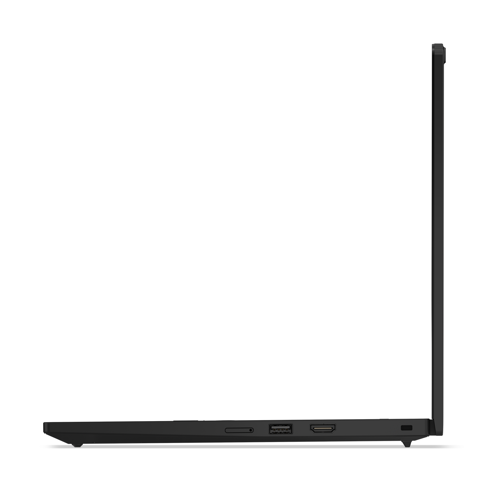 Seitenansicht eines schwarzen Laptops. Sichtbar sind die Anschlüsse und der Bildschirm. Der Laptop ist geschlossen.