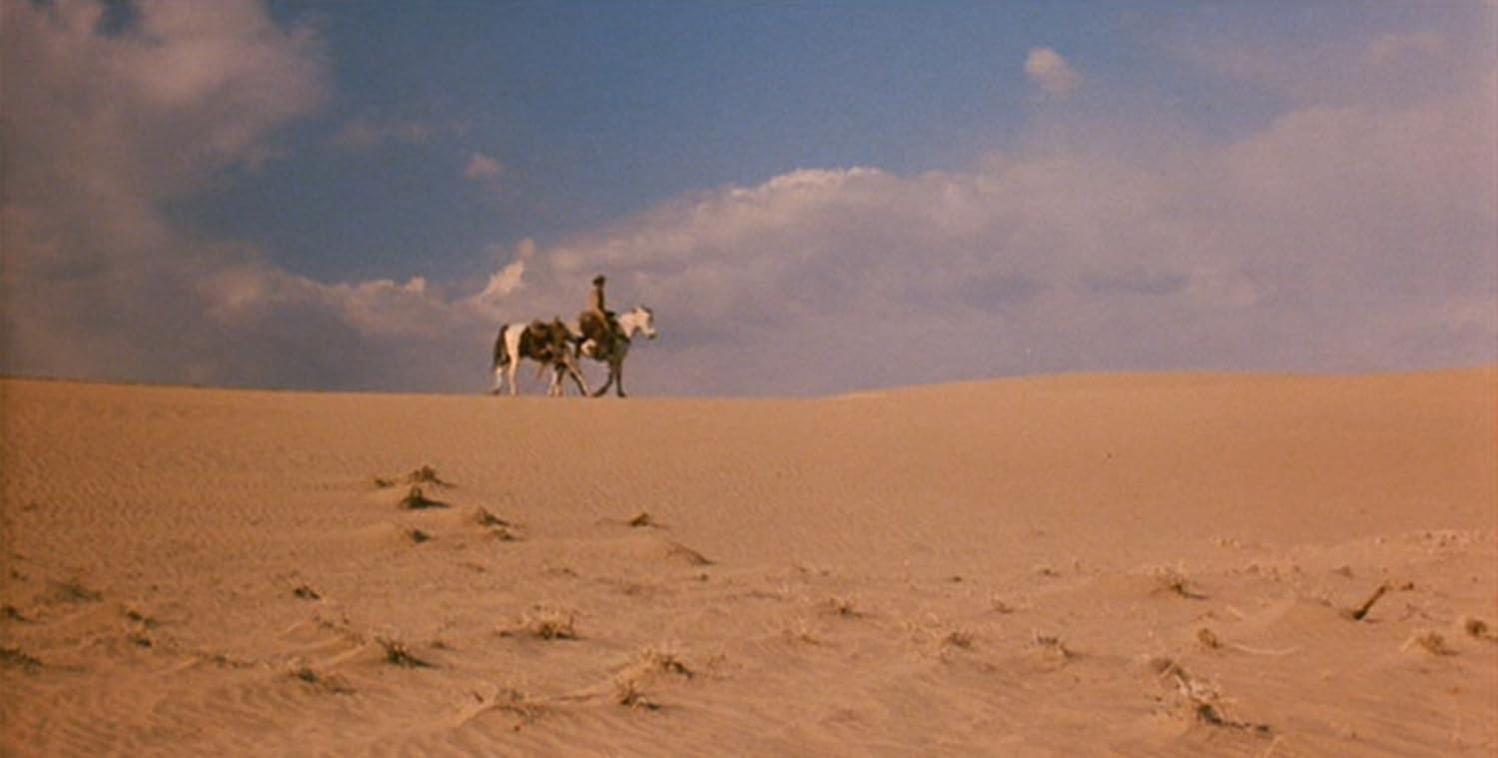 Eine Person auf einem Pferd geht auf einer Sanddüne. Der Himmel ist blau mit Wolken. Der Sand ist braun.