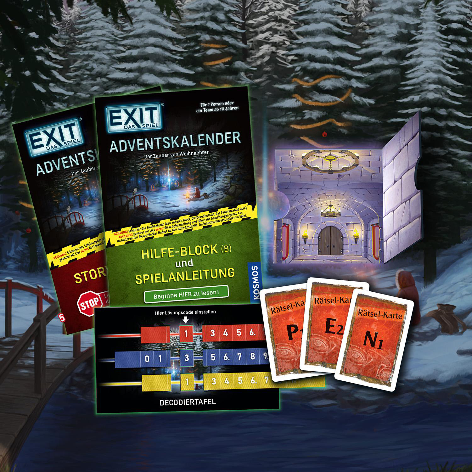 Eine EXIT-Spielbox, Adventskalender-Thema. Karten mit den Buchstaben P, E2 und N1. Auch eine Dekodierungstafel ist sichtbar.