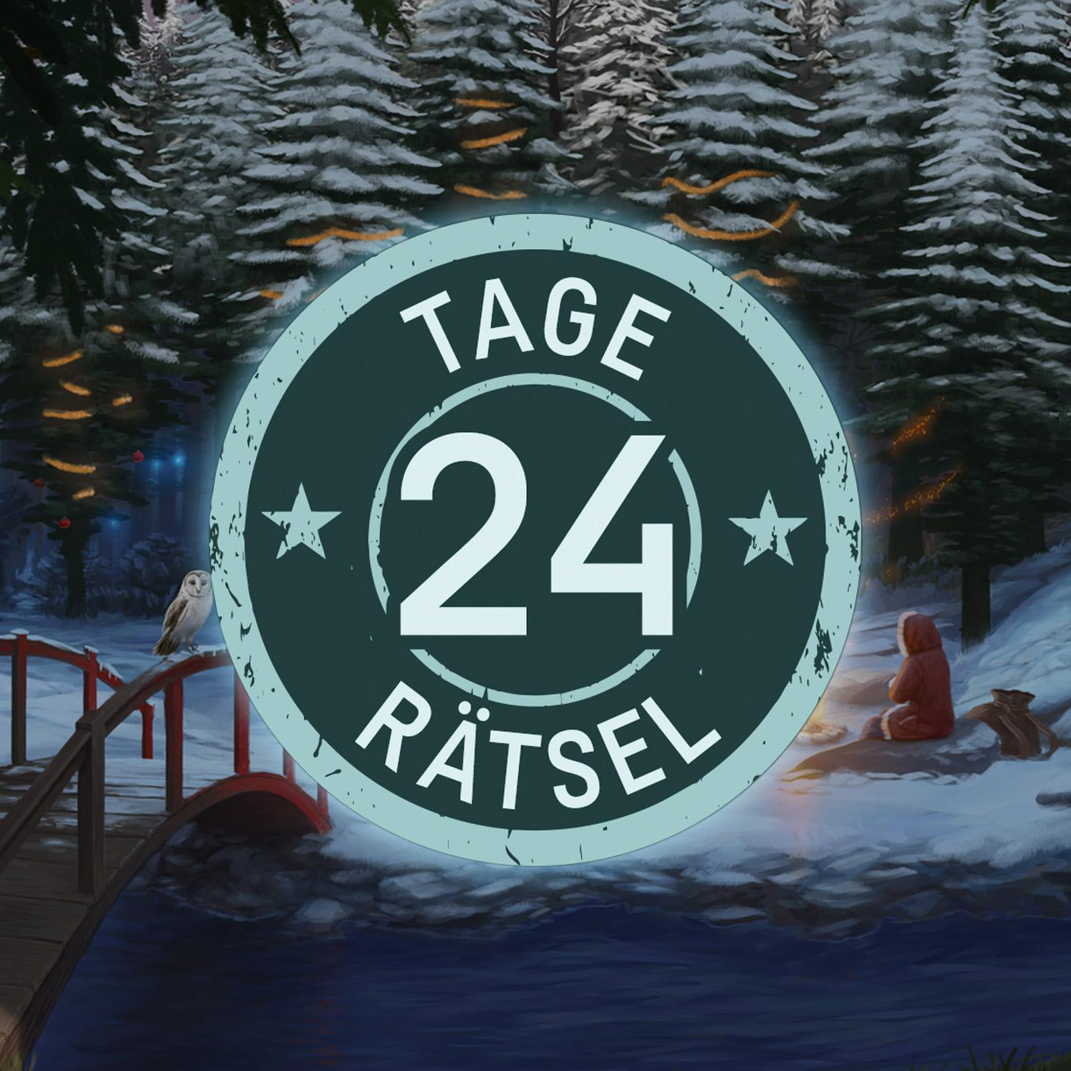 Illustration einer Winterszene mit Brücke, Eule und einer Person in Rot. Ein Schild sagt '24 Rätsel'.